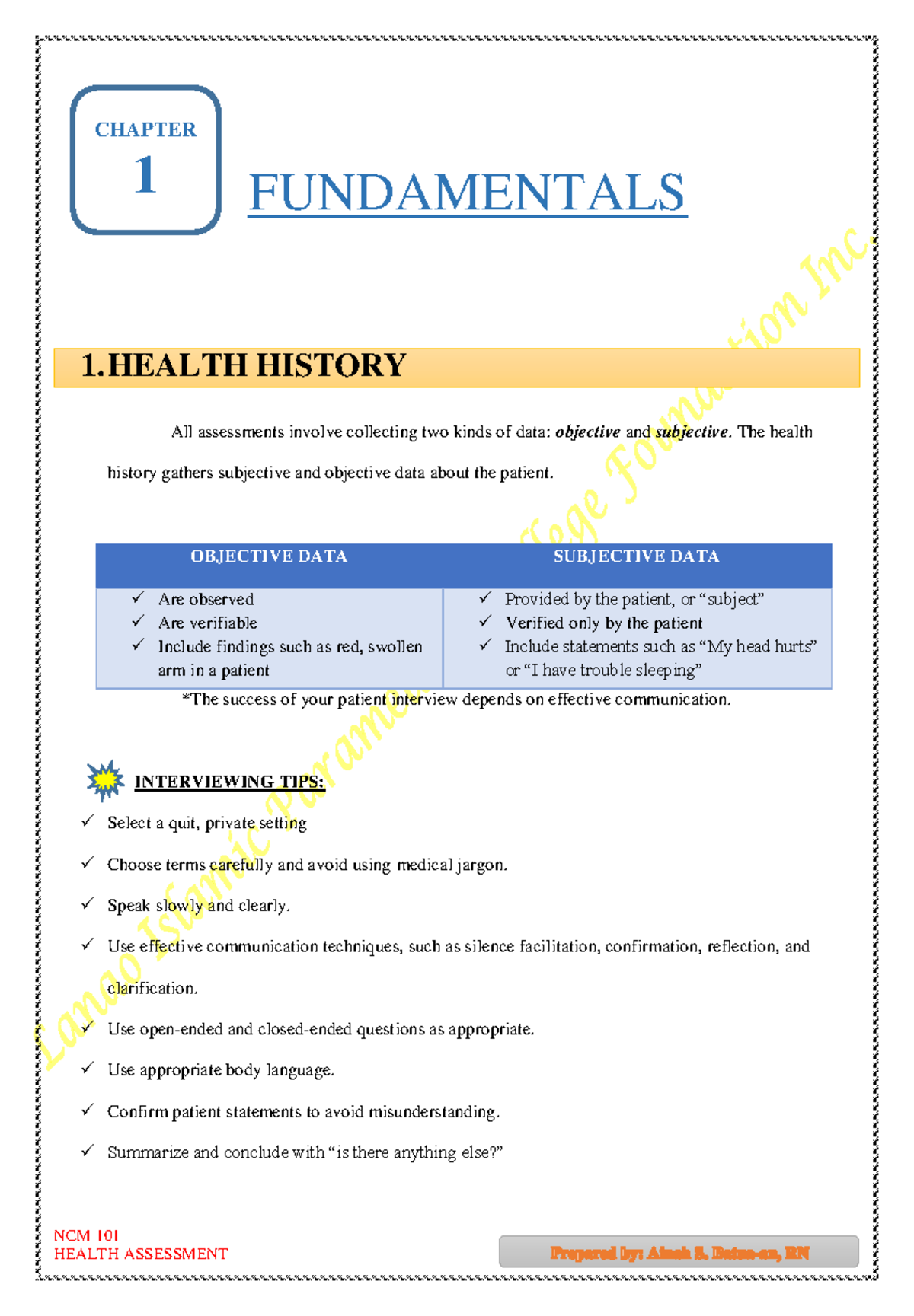 497454652 Ncm 101 Health Assessment - CHAPTER 1 FUNDAMENTALS 1. HEALTH ...