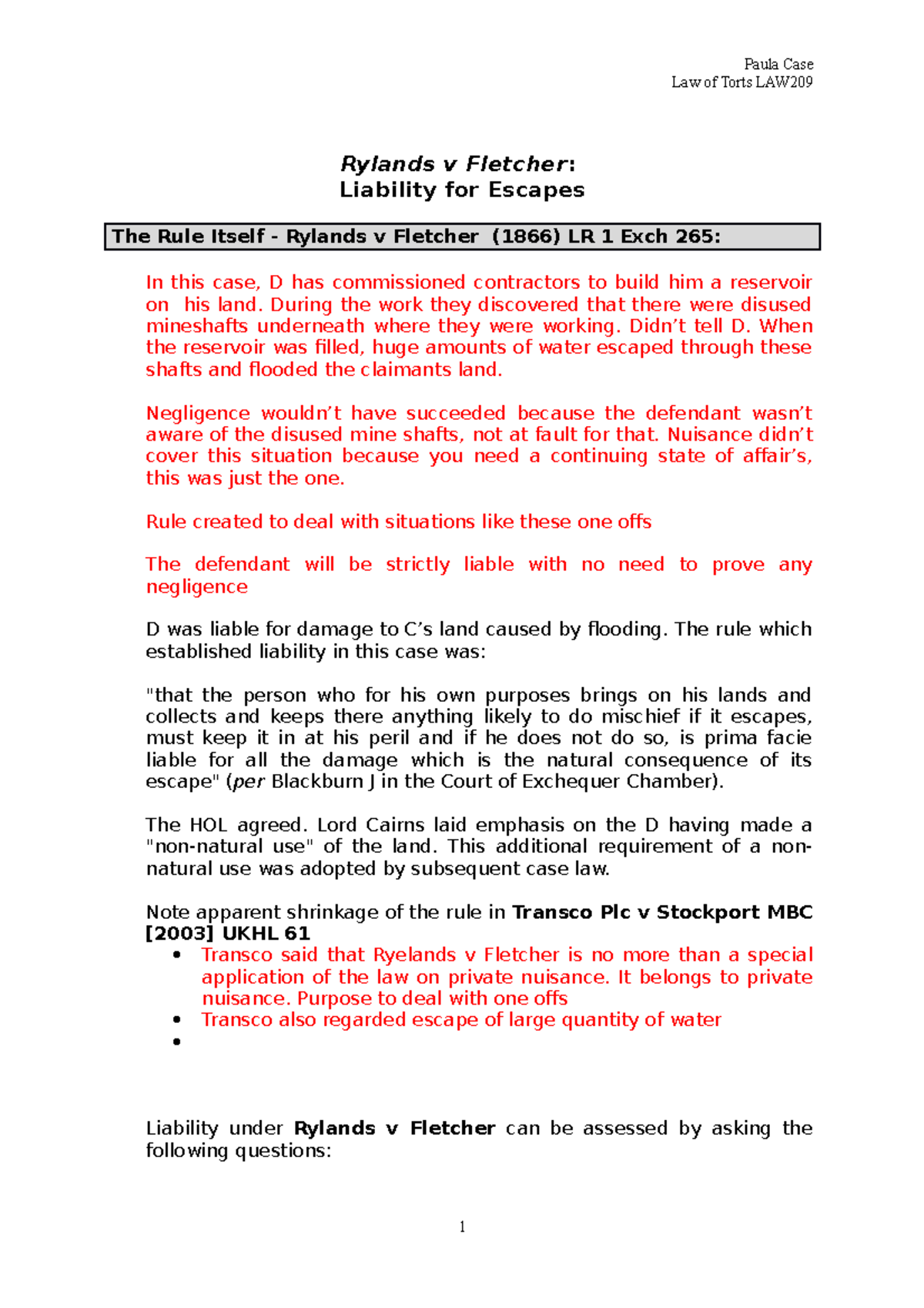 Liability for Escapes in Rylands v Fletcher Case Law of Torts - Studocu