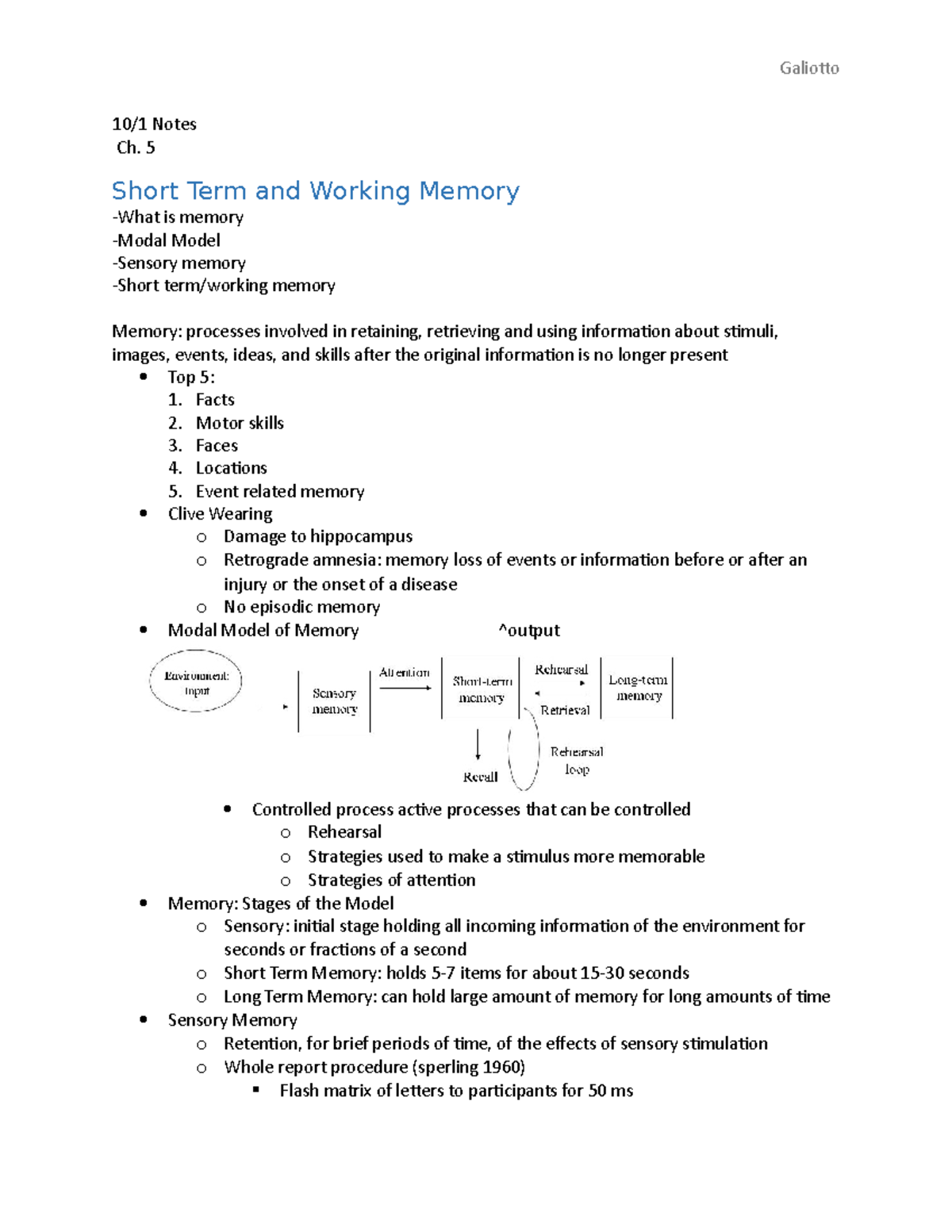 Ch 5 10:1 - Memory - Galiotto Notes Ch. 5 Short Term and Working Memory ...