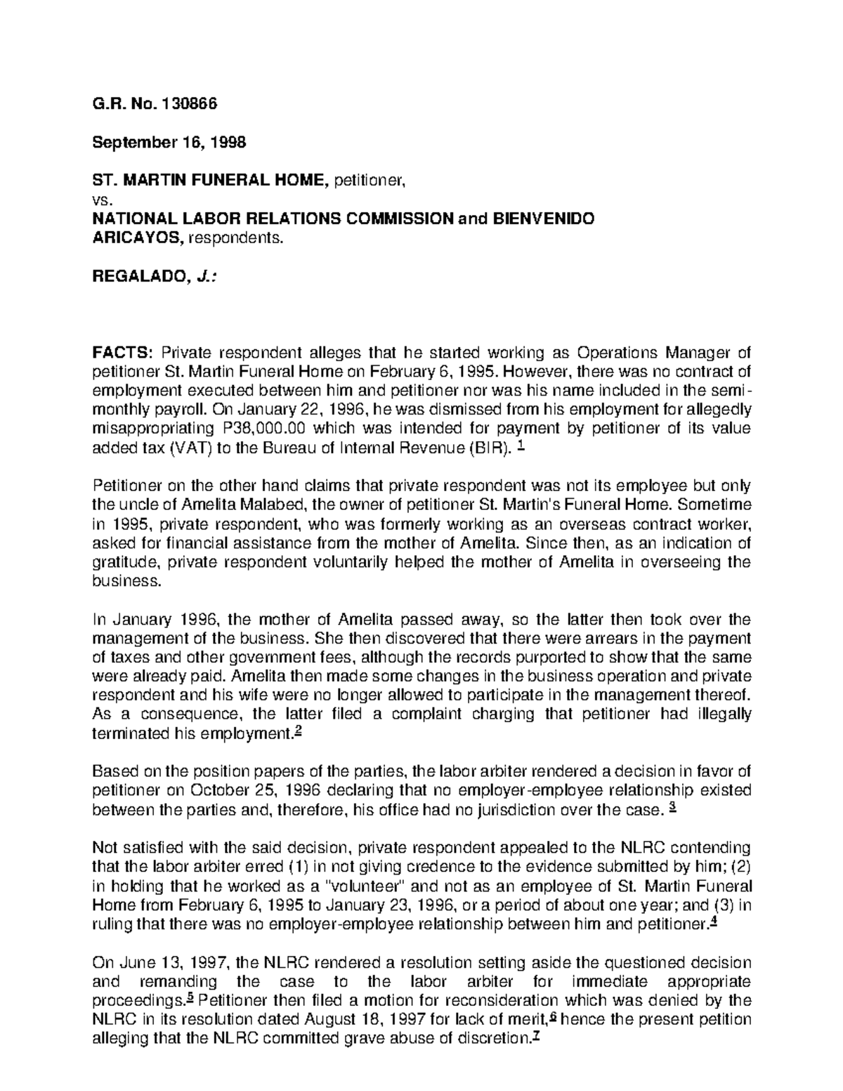 Tomawis (St. Martin Funeral Home v. NLRC, G.R. No. 130866) G. No