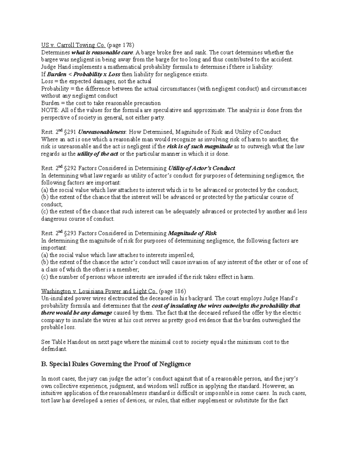 Torts Law Outline - 3 - US V. Carroll Towing Co. (page 178) Determines ...