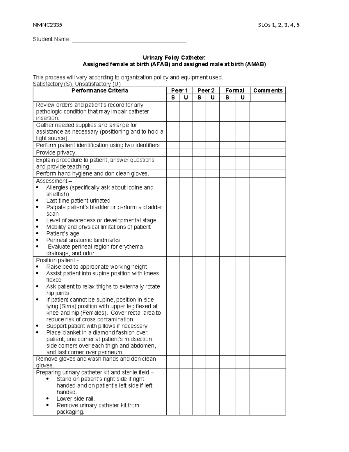 Foley-catherization check off summer 23 - NMNC2335 SLOs 1, 2, 3, 4, 5 ...