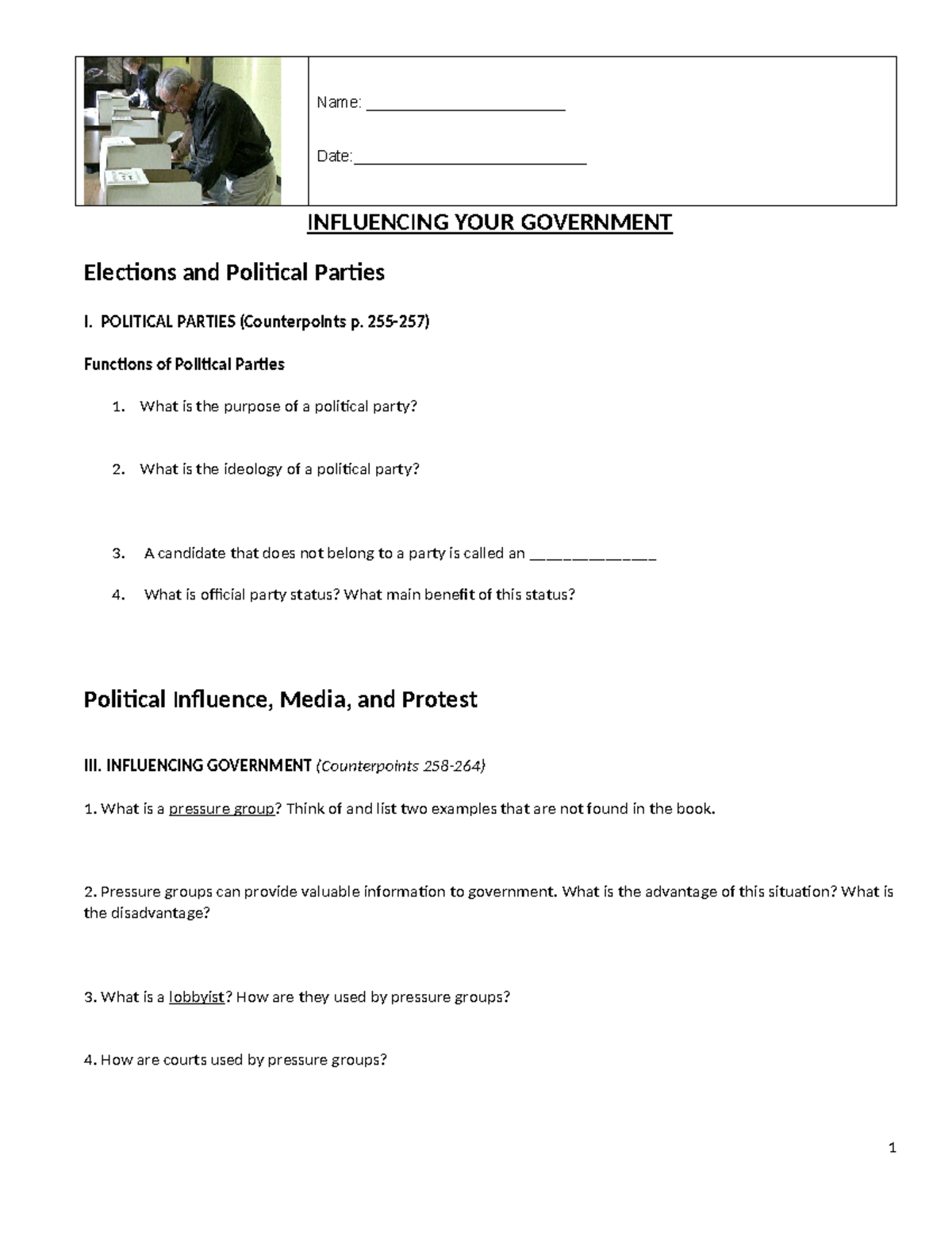 6 Handout - Influencing Government - Name: _______________________ Date