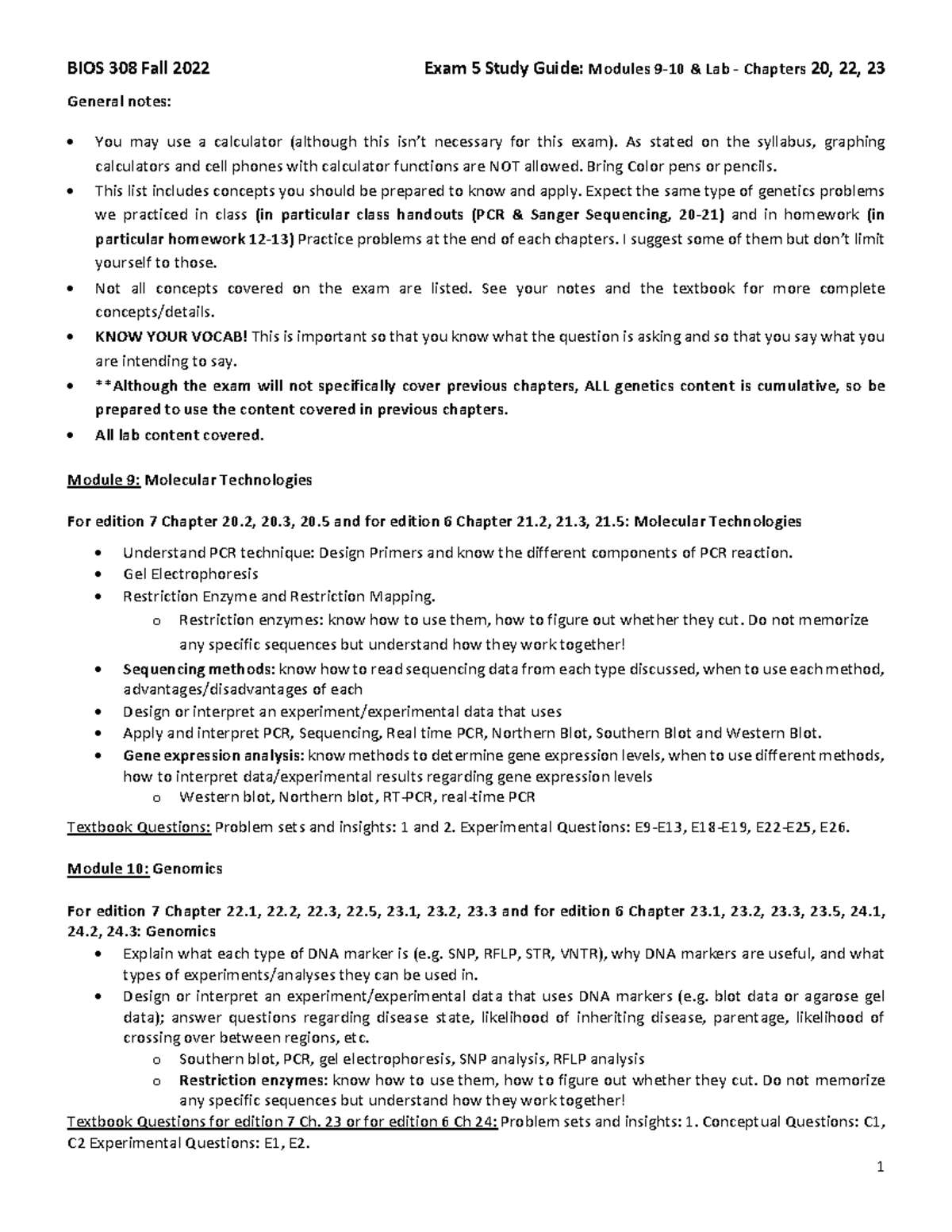 BIOS 308 F22 Exam 5 Study Guide - BIOS 308 Fall 2022 Exam 5 Study Guide ...