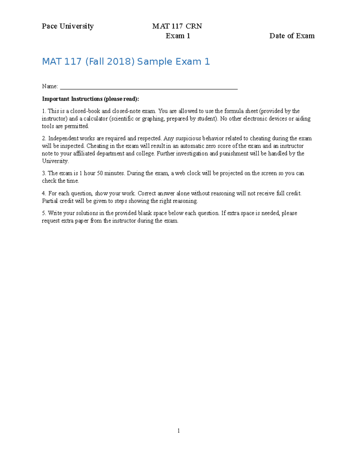 M117 Sample Exam 1 - for study session Blank - Exam 1 Date of Exam MAT ...