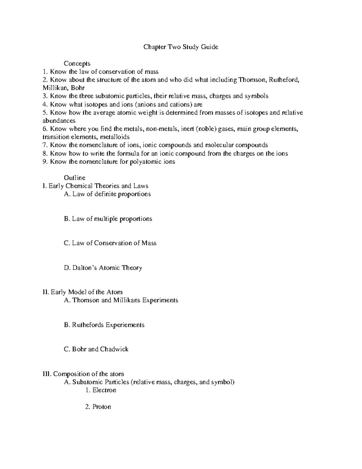 Chem 1100 exercises ch 2 - Chapter Two Study Guide Concepts Know the ...