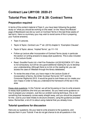 Contract Law Tutorial 7 - Contract Law LW1130: Frustration Tutorial ...
