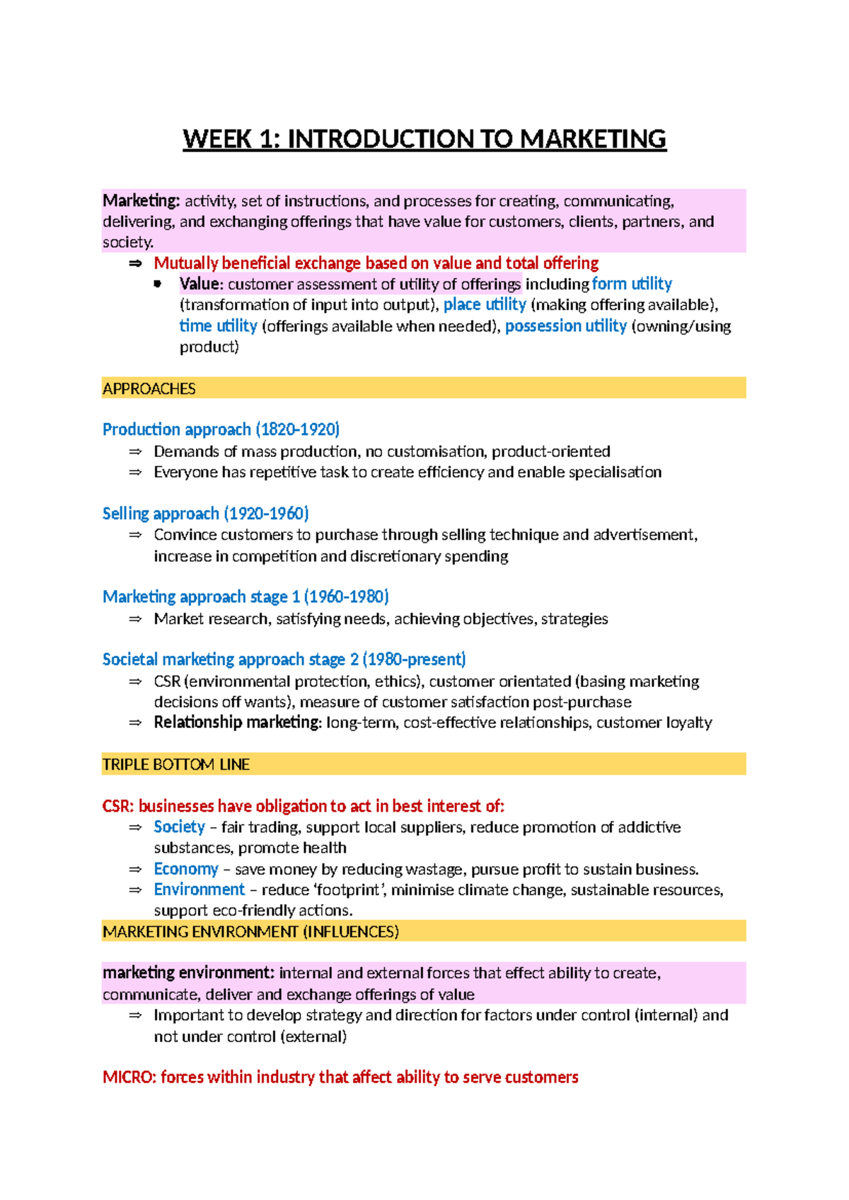 Marketing notes - WEEK 1: INTRODUCTION TO MARKETING Marketing: activity ...