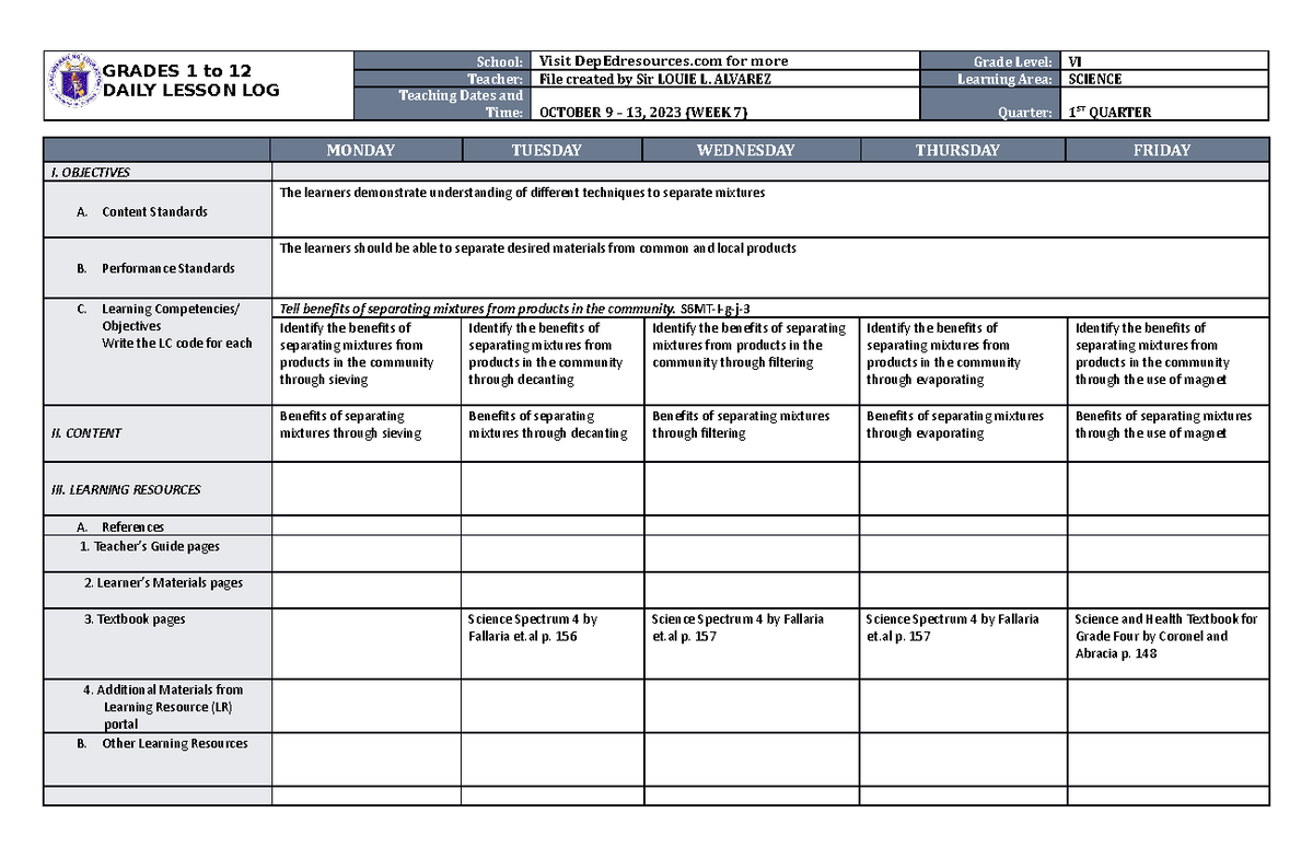 DLL Science 6 Q1 W7 - GRADES 1 to 12 DAILY LESSON LOG School: Visit ...