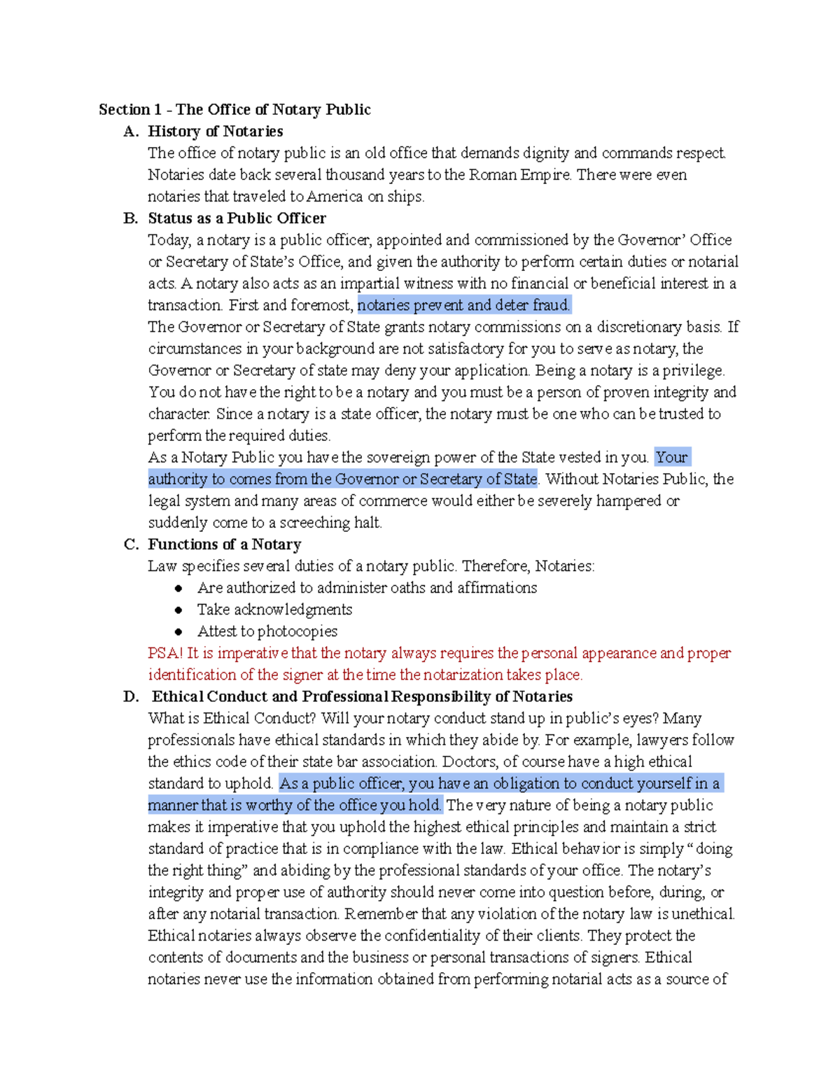 Notary Notes Section 1 The Office of Notary Public A. History of