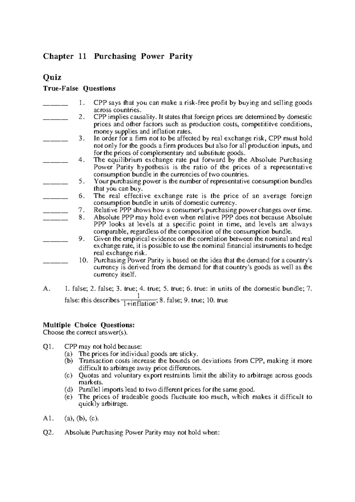 Corrige 11 12 - Good - Chapter 11 Purchasing Power Parity Quiz True ...