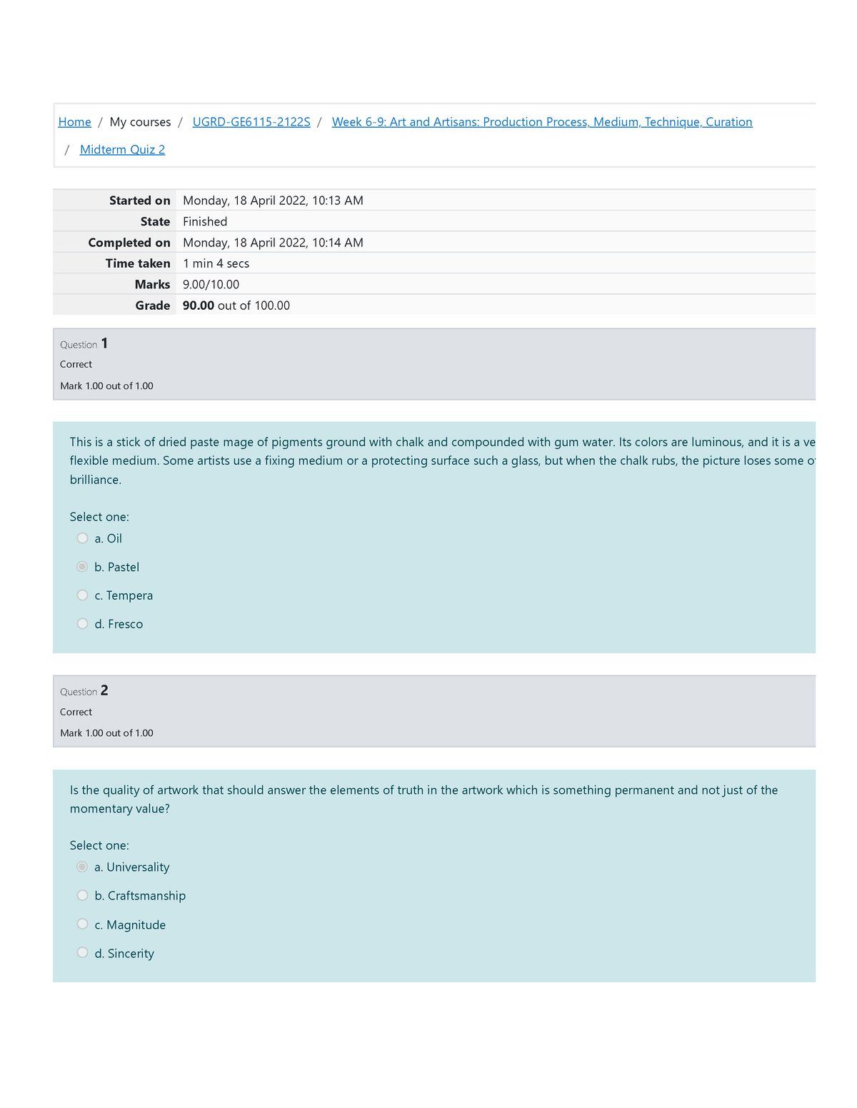 Midterm Quiz 2 Attempt Review 3 Artappreciation - Home/My Courses/ UGRD ...