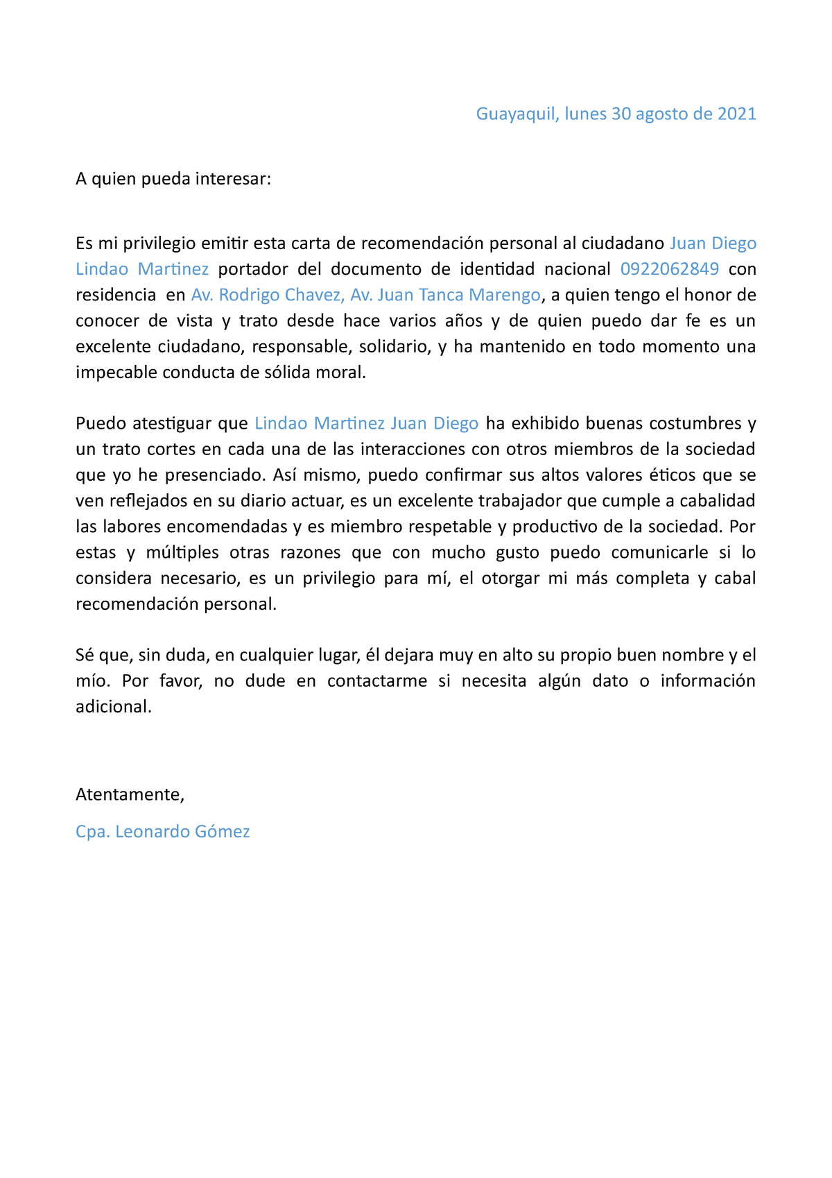 Carta Recomendacion Personal Guayaquil Lunes 30 Agosto De 2021 A Quien Pueda Interesar Es Mi