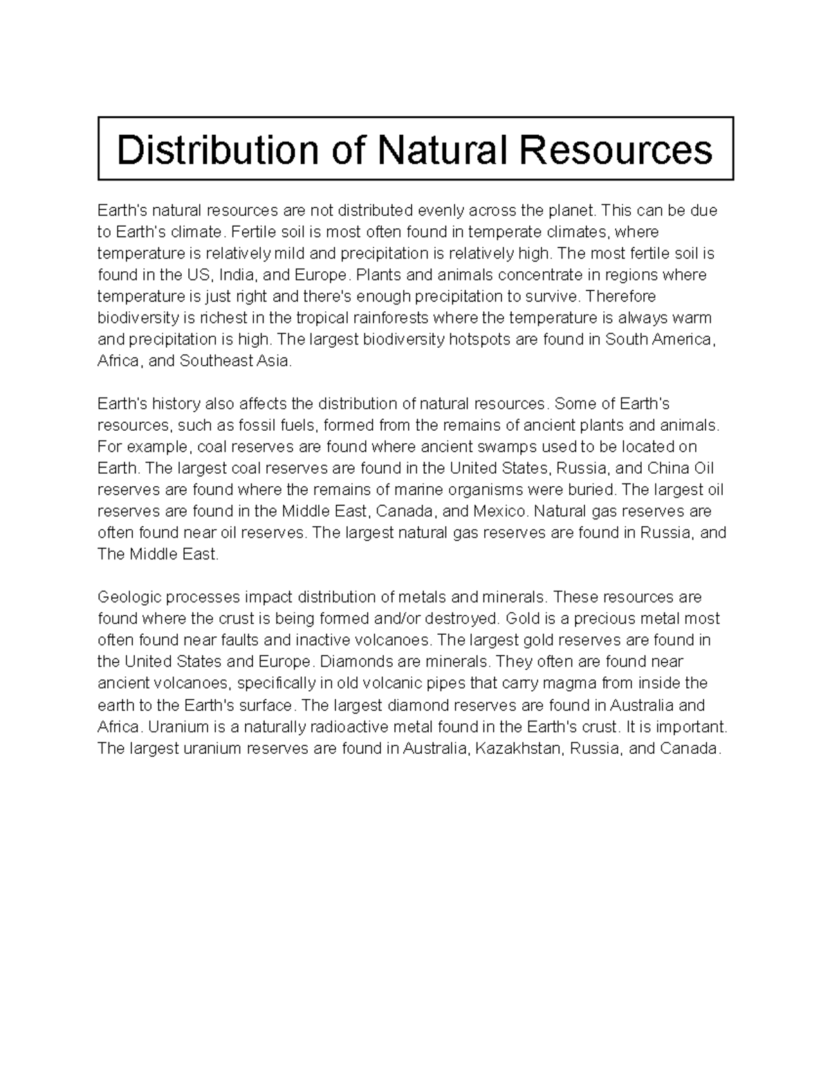 Distribution of Natural Resources Summary - Studocu