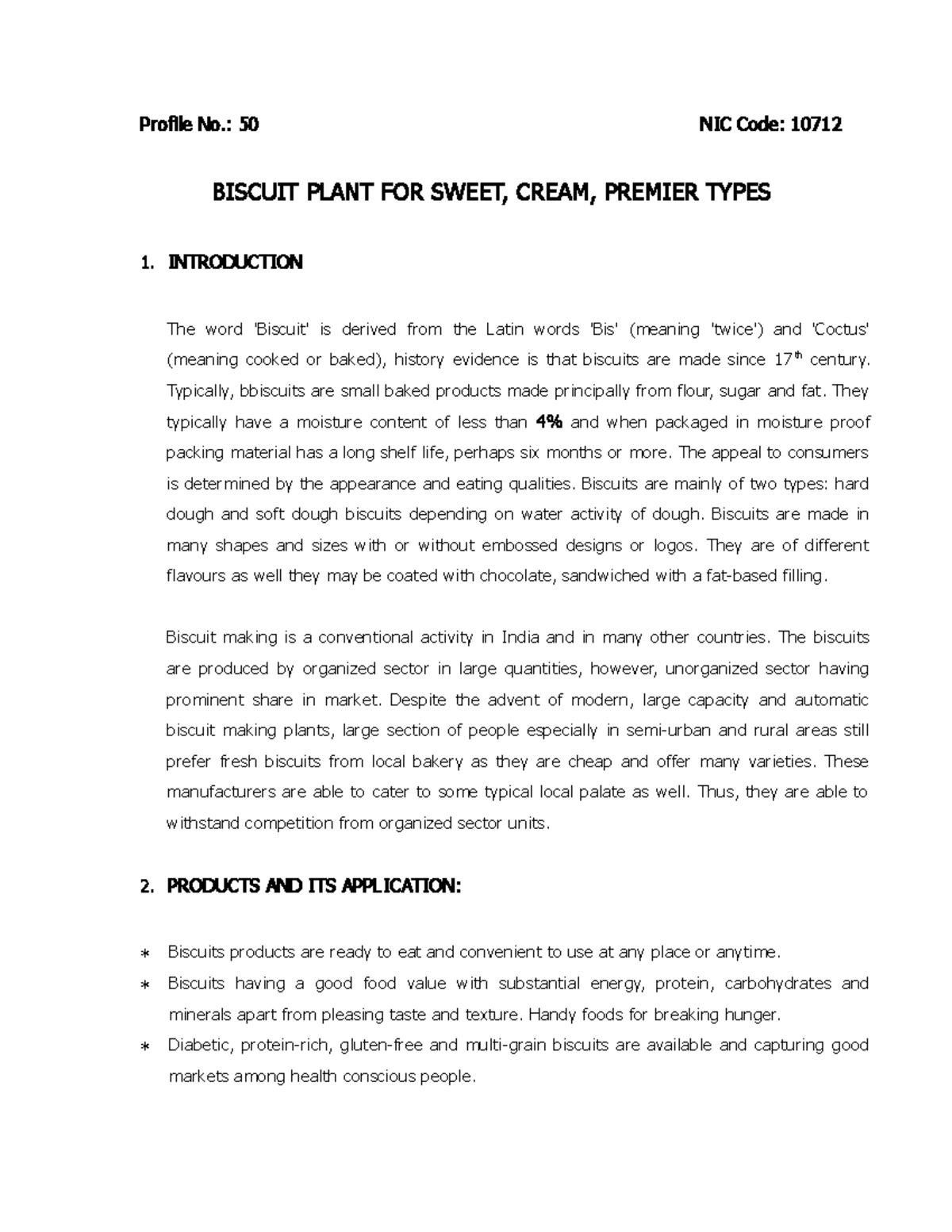 Biscuit Plant for Sweet Cream Premier types - Profile No.: 50 NIC Code ...