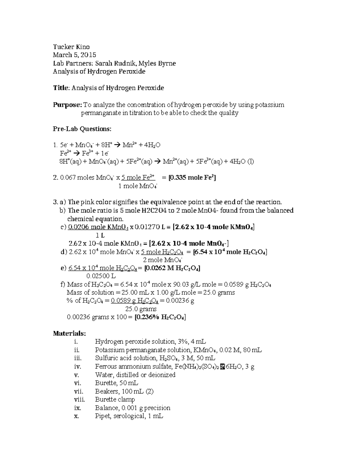 Analysis of Hydrogen Peroxide 2 Tucker Kino March 5, 2015 Lab