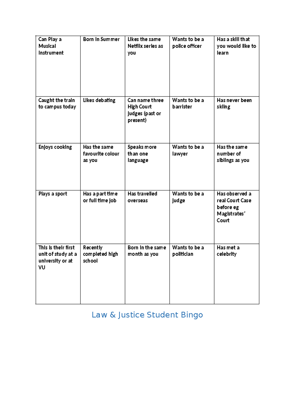 Law & Justice Student Bingo - Can Play a Musical Instrument Born in ...