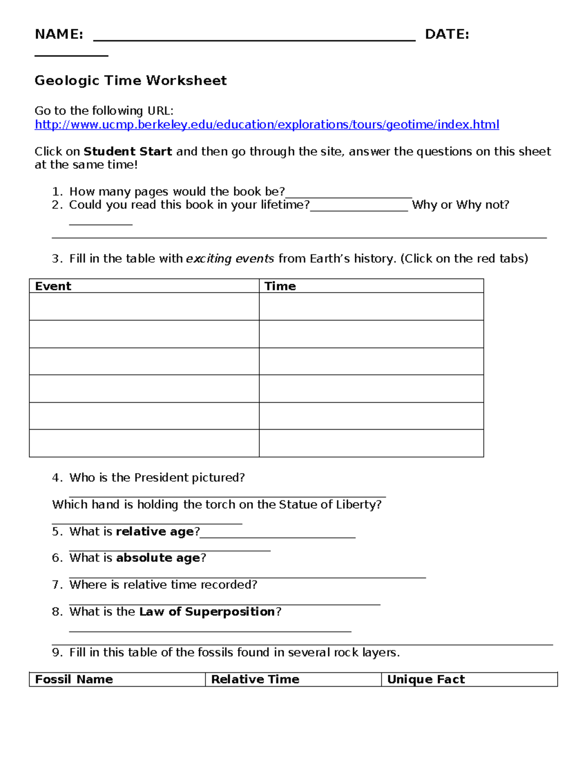 Geologic Time Worksheet NAME