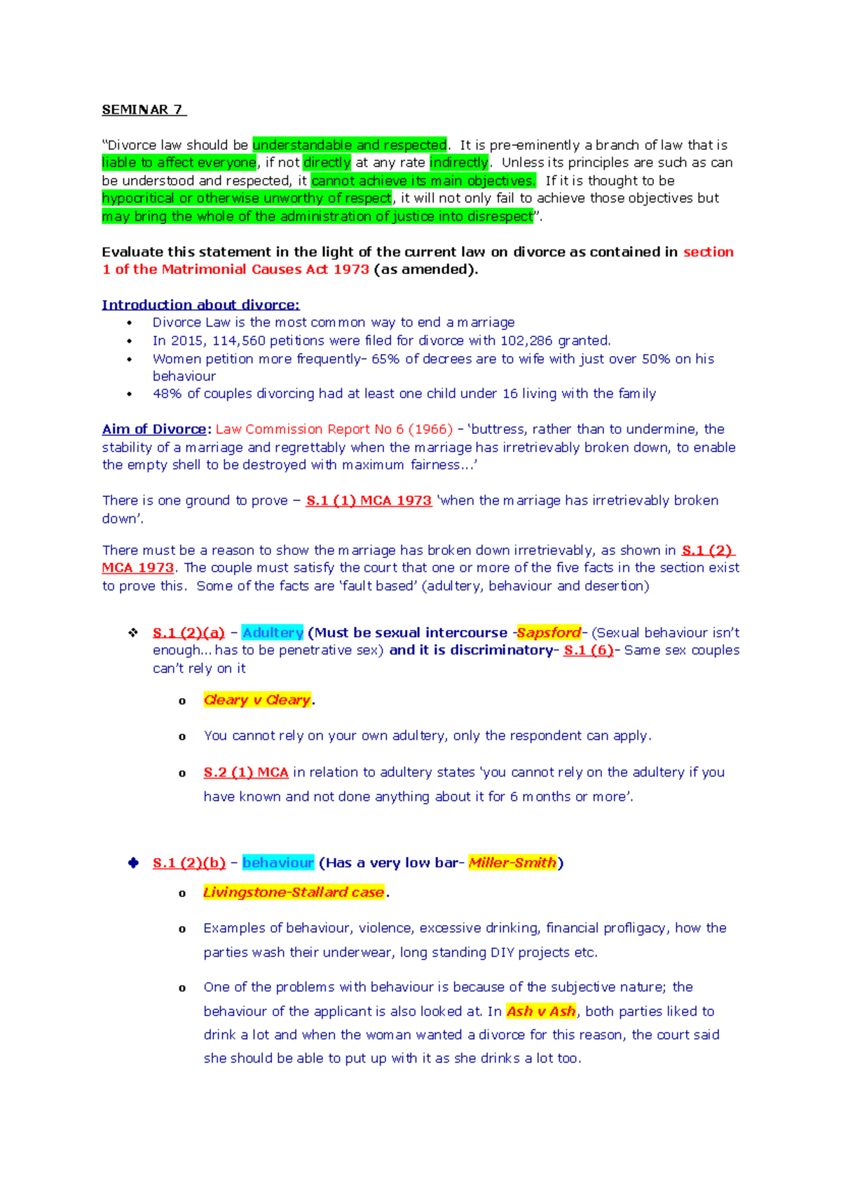 Divorce exam question - SEMINAR 7 “Divorce law should be understandable ...