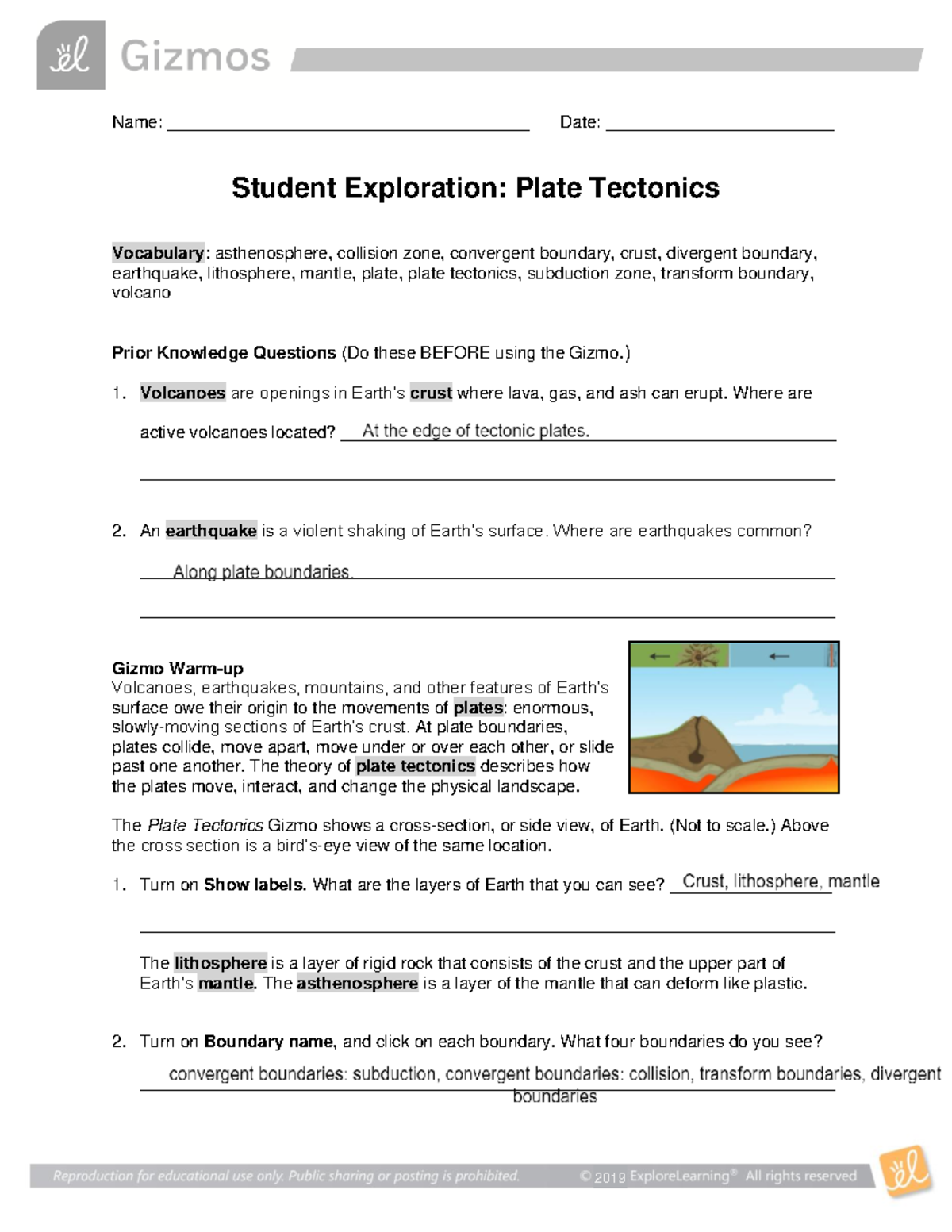 Gizmo worksheet Plate Tectonics SE Name