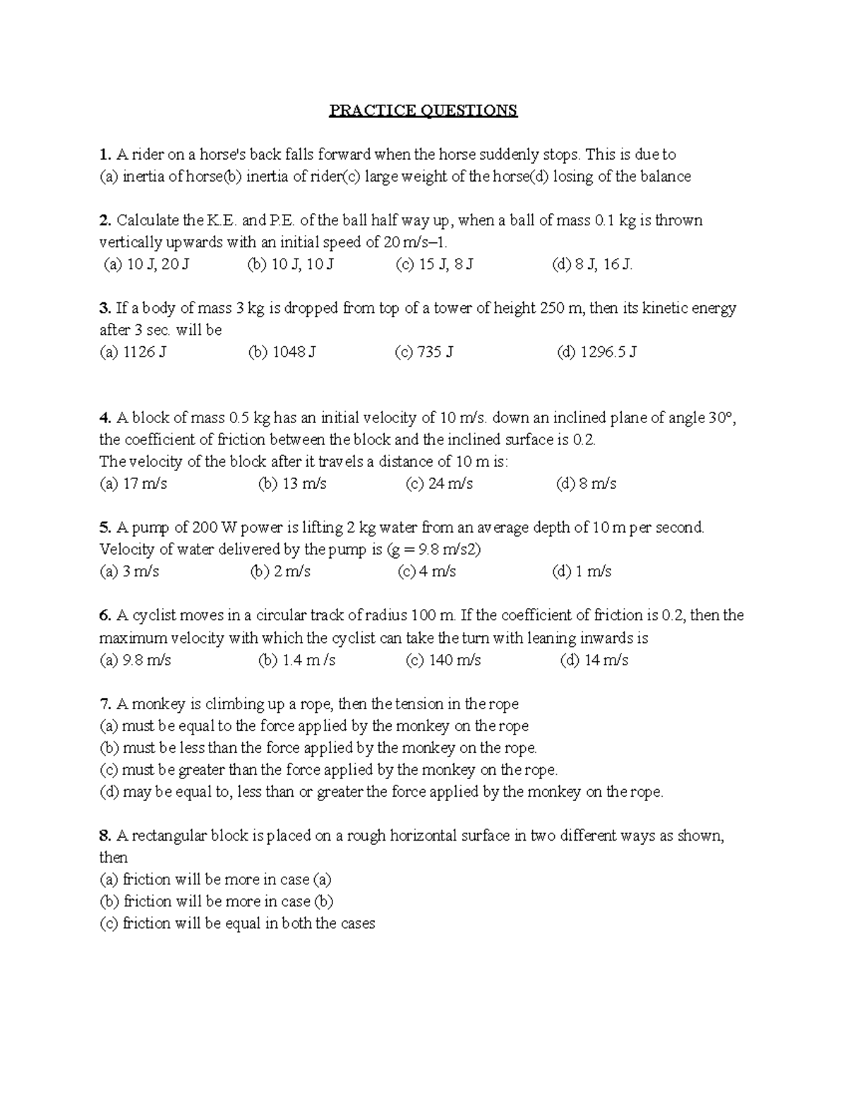 Practice Questions XI HY (10) PRACTICE QUESTIONS A rider on a horse's