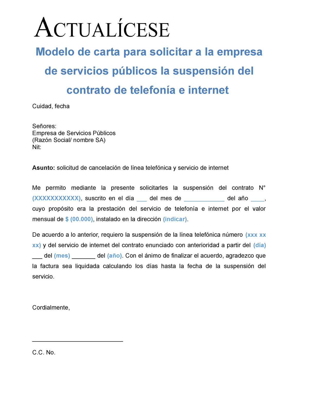 Carta suspension contrato telefonico internet empresa servicios publicos -  Modelo de carta para - Studocu