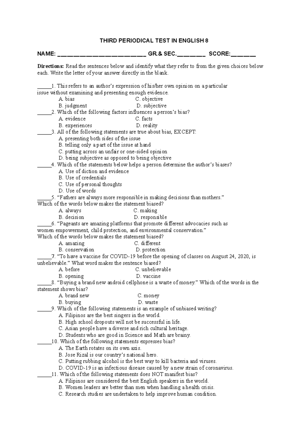PT G8 English - deedeee - THIRD PERIODICAL TEST IN ENGLISH 8 NAME