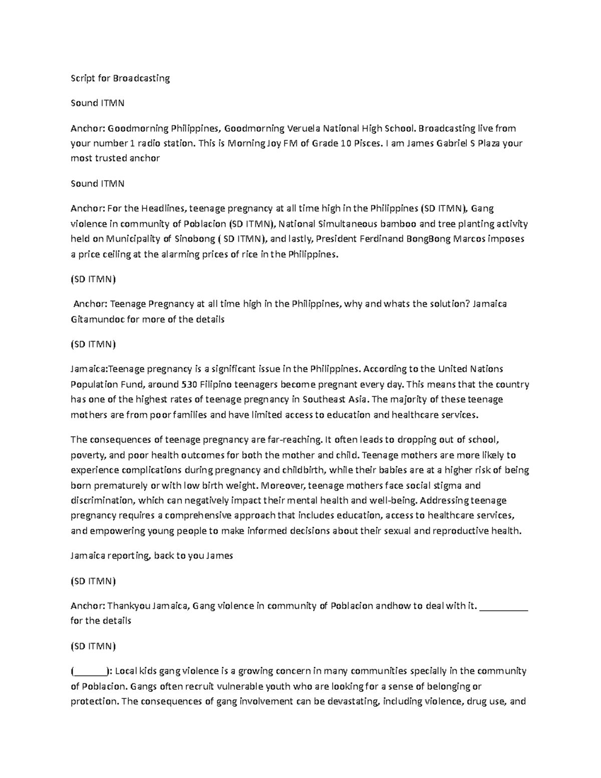 Script for Broadcasting - Script for Broadcasting Sound ITMN Anchor ...