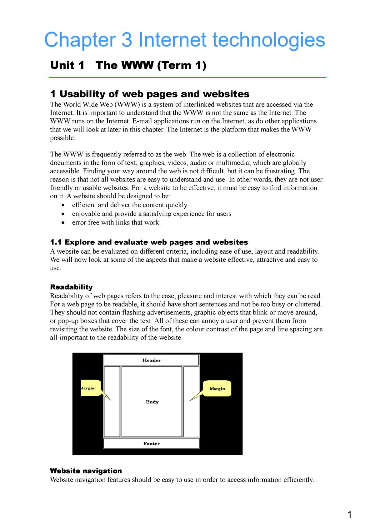 Chapter 3-Internet Technologies - Unit 1 The WWW (Term 1) 1 Usability ...