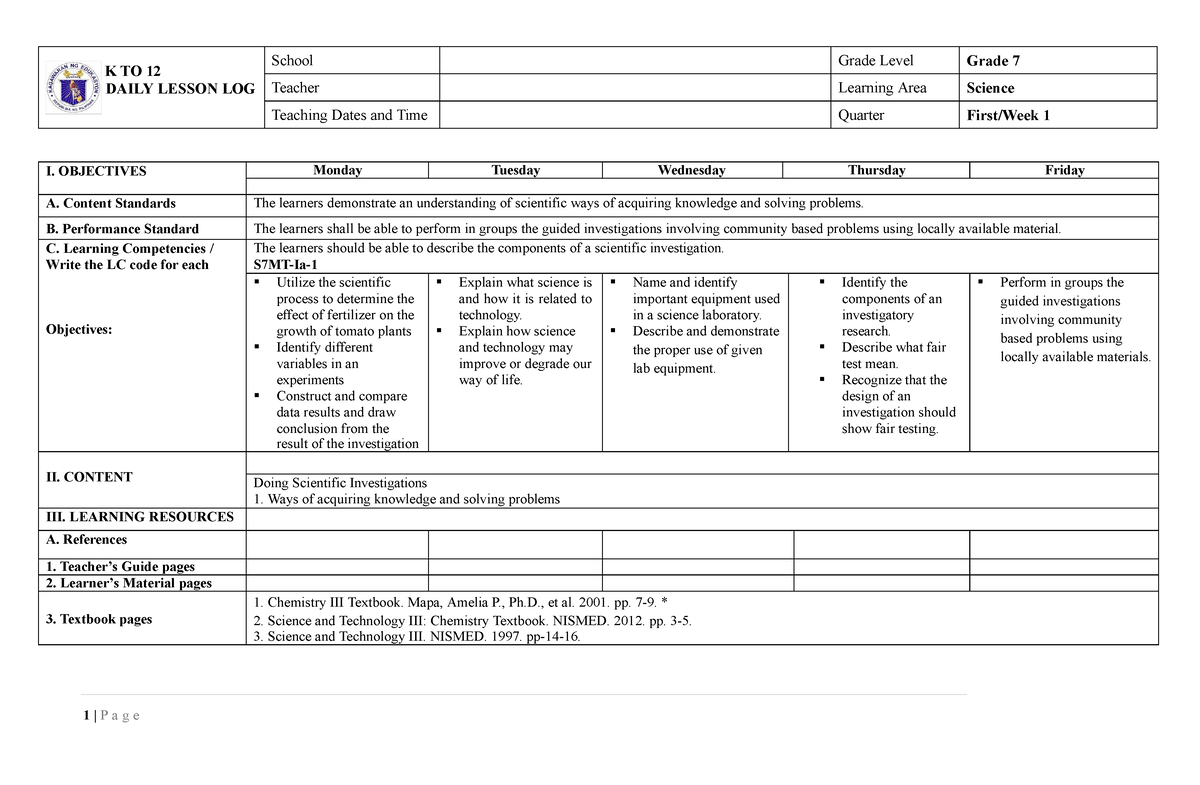 Dll Science 7 Q1 Week 1docx - K TO 12 DAILY LESSON LOG School Grade ...