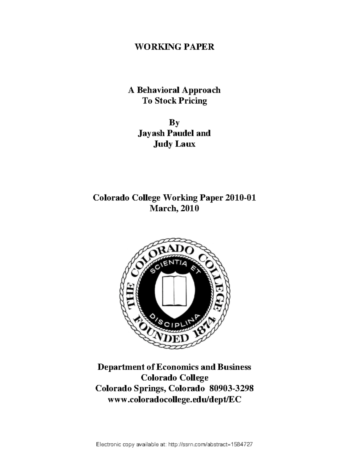 A behavioral approach to stock pricing - WORKING PAPER A Behavioral ...