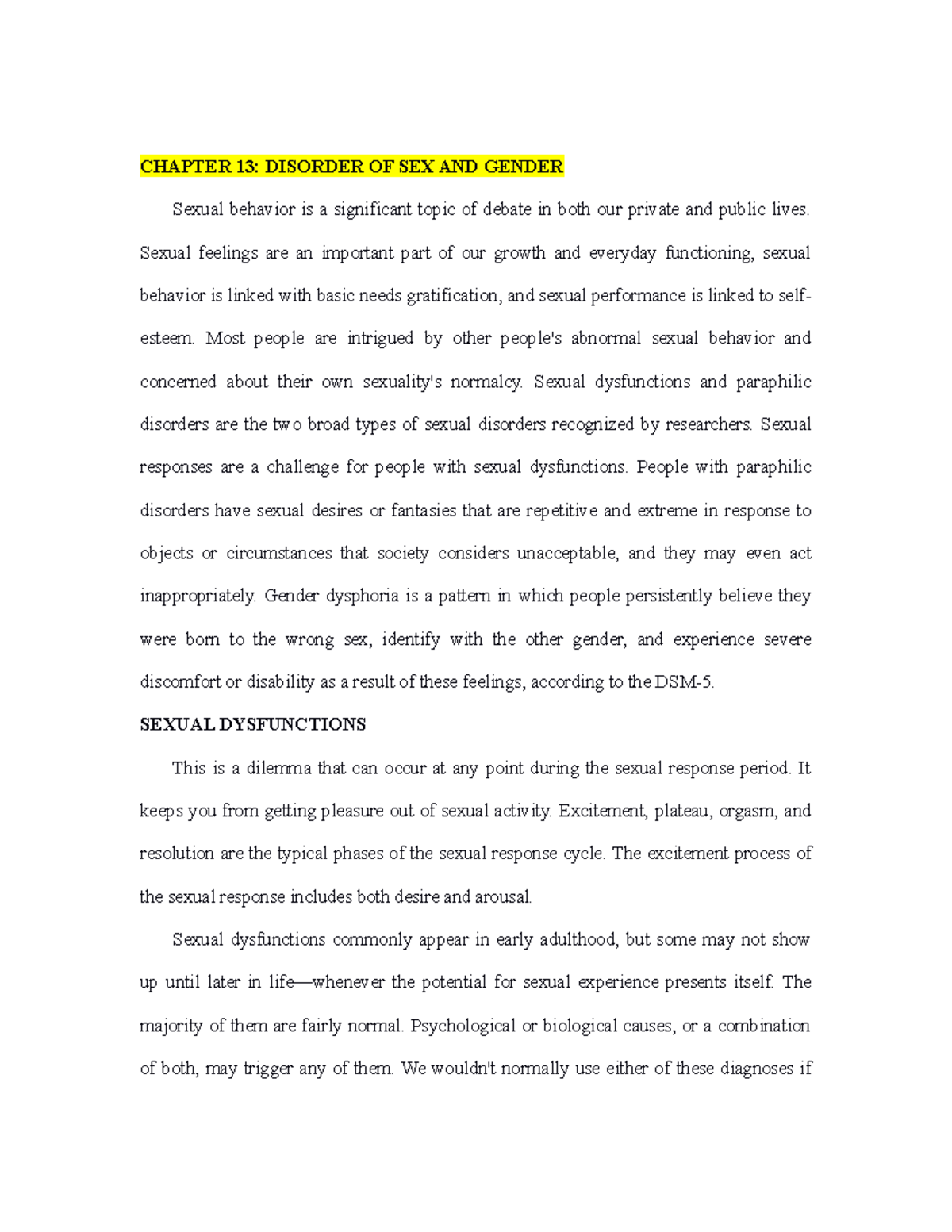 Abpsych Summary CH 13 AND CH 14 - CHAPTER 13: DISORDER OF SEX AND ...