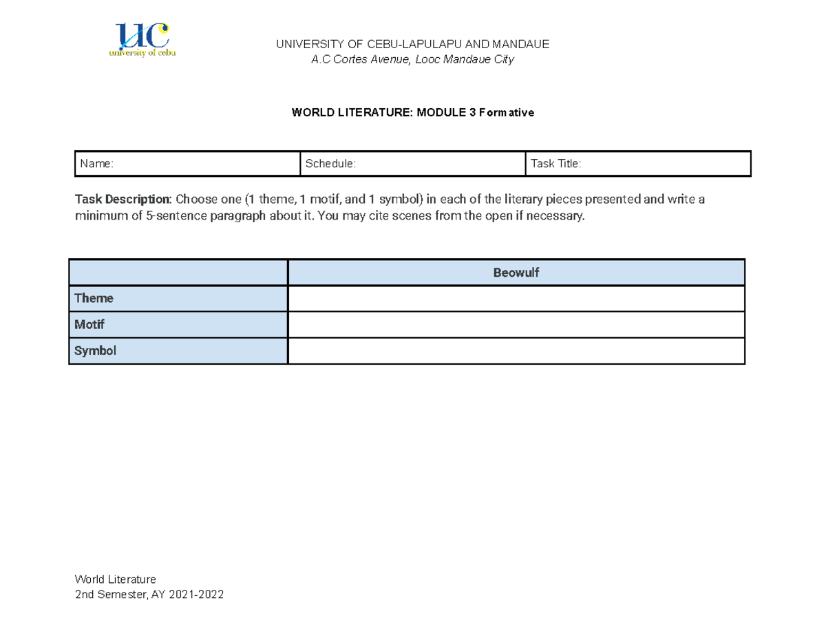 World Literature Module 3 - UNIVERSITY OF CEBU-LAPULAPU AND MANDAUE A ...