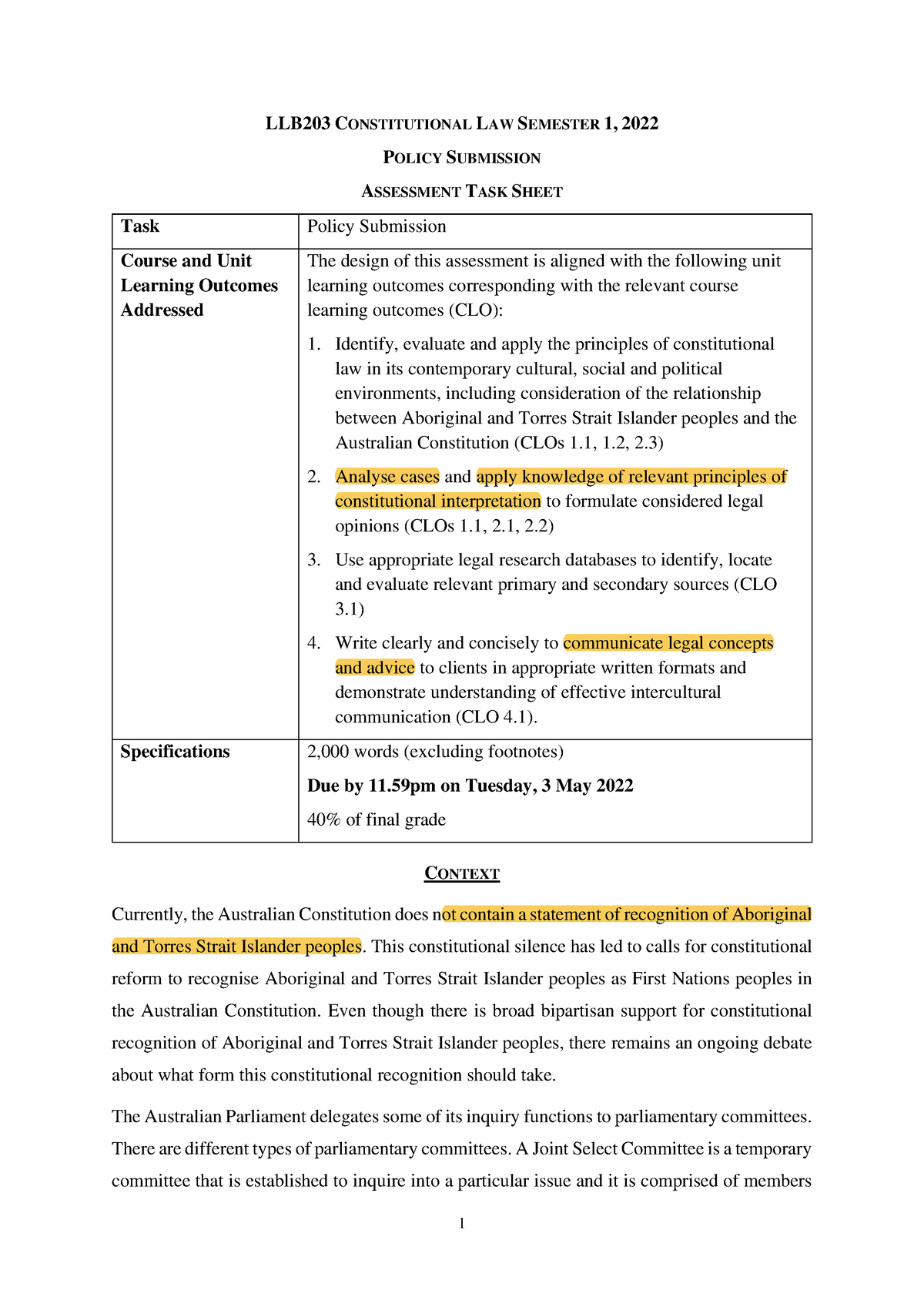 LLB203 Constitutional Law Policy Submission Task 2022 - LLB203 ...