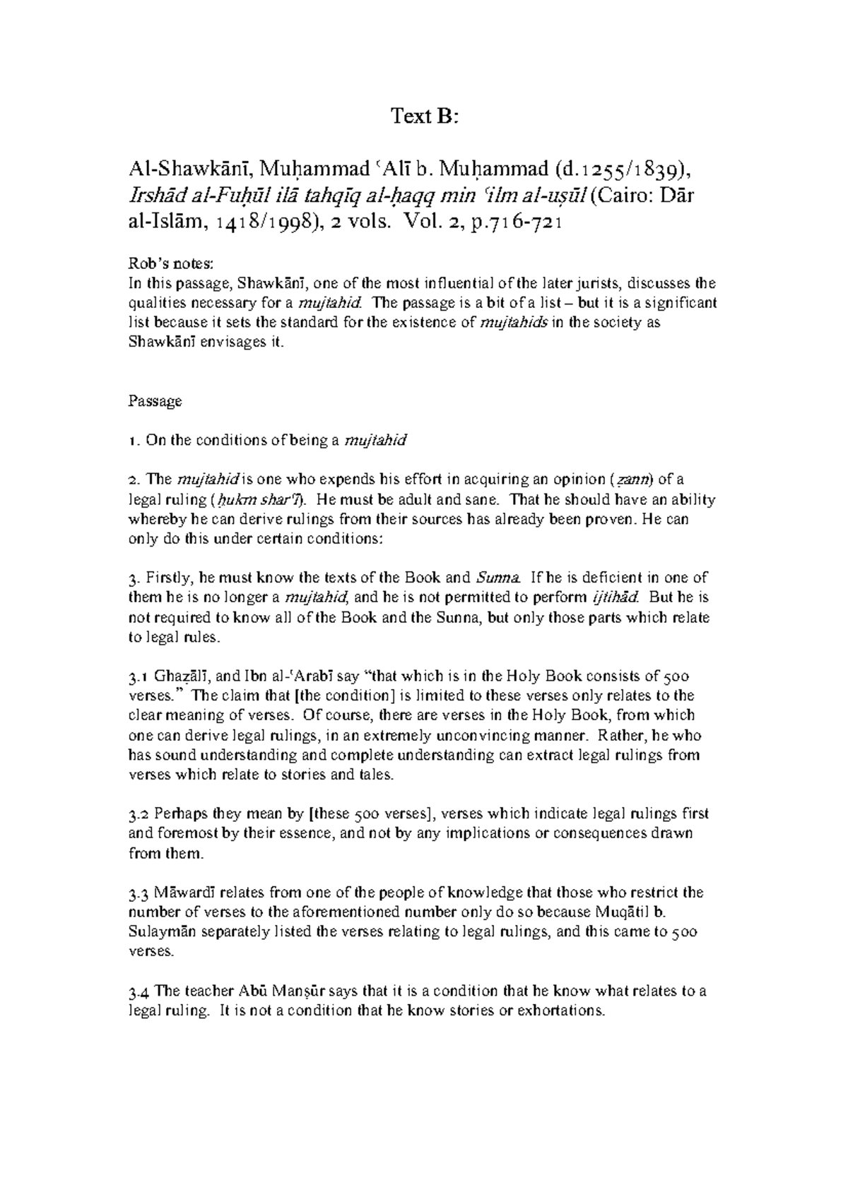 Week 3 Text B Ijtihad and Mujtahids - Text B: Al-ShawkÁnÐ, MuÎammad ...