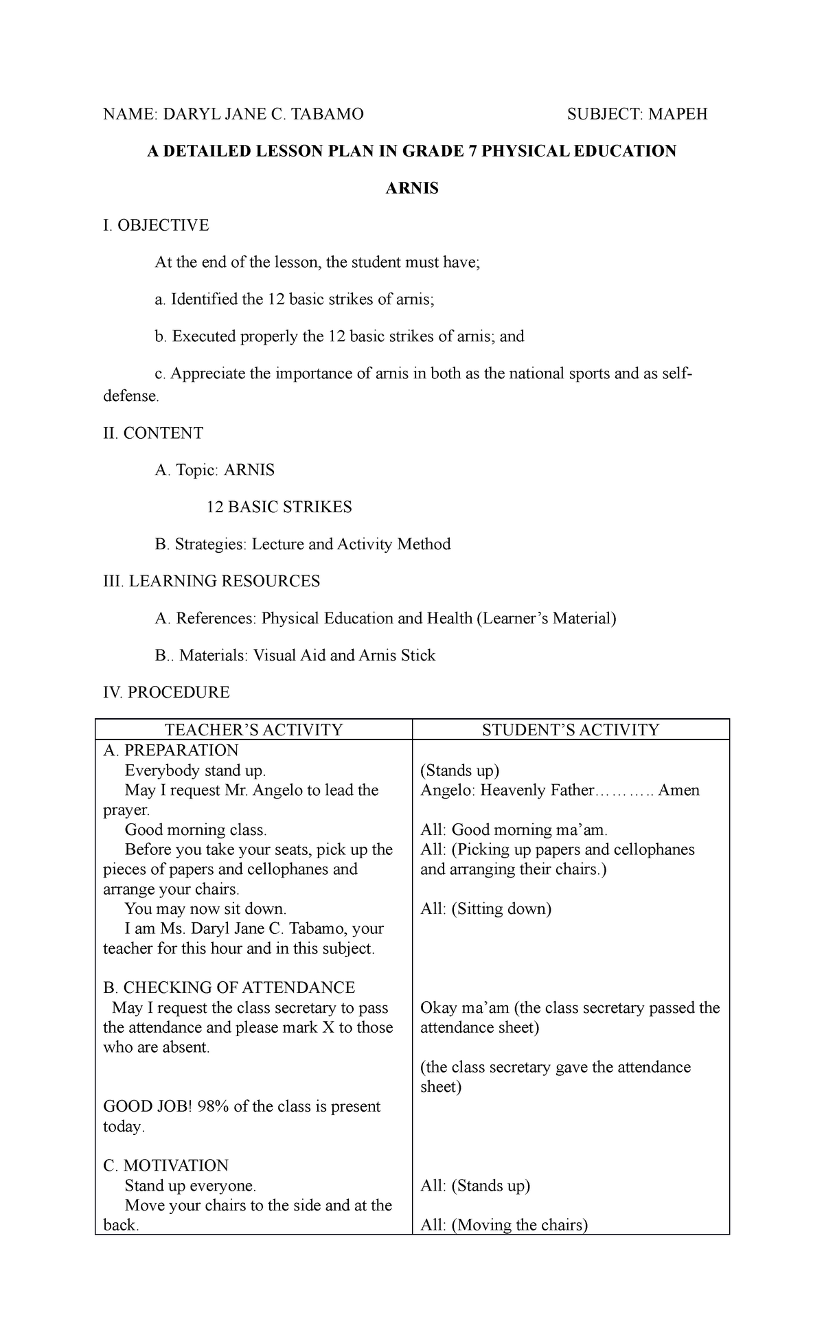 A Detailed Lesson Plan In Mapeh Iv Lesson Plan Sample Lesson Plan