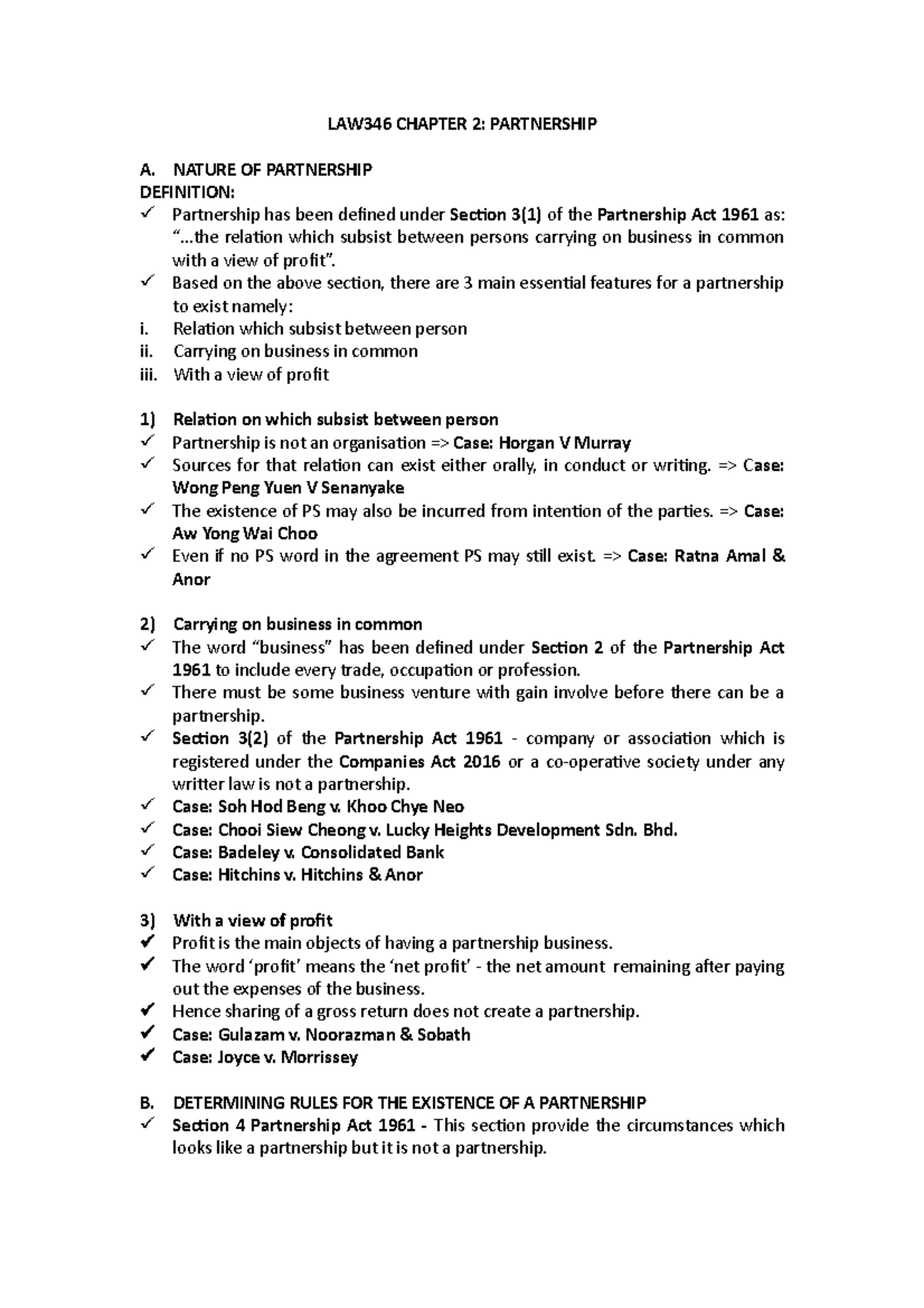 LAW346 Chapter 2 - personal notes - LAW346 CHAPTER 2: PARTNERSHIP A ...