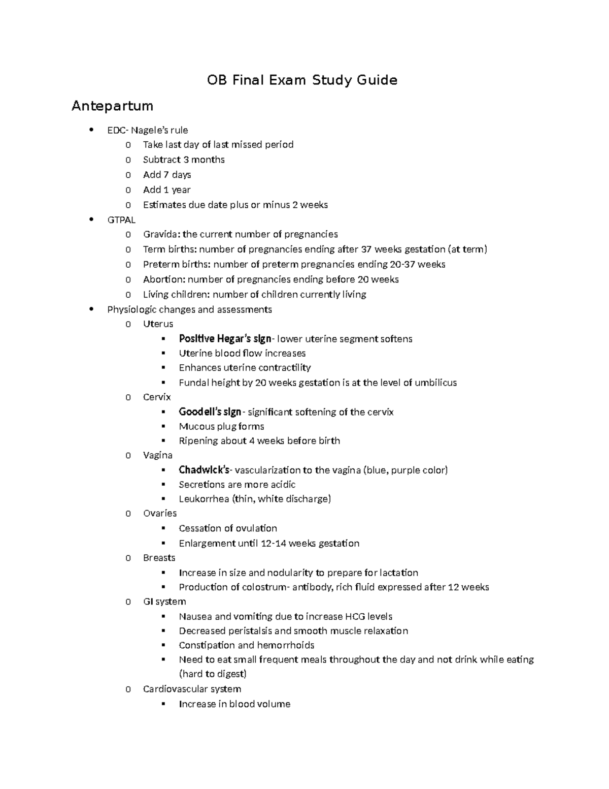 OB Final Exam Study Guide.docx - OB Final Exam Study Guide Antepartum ...