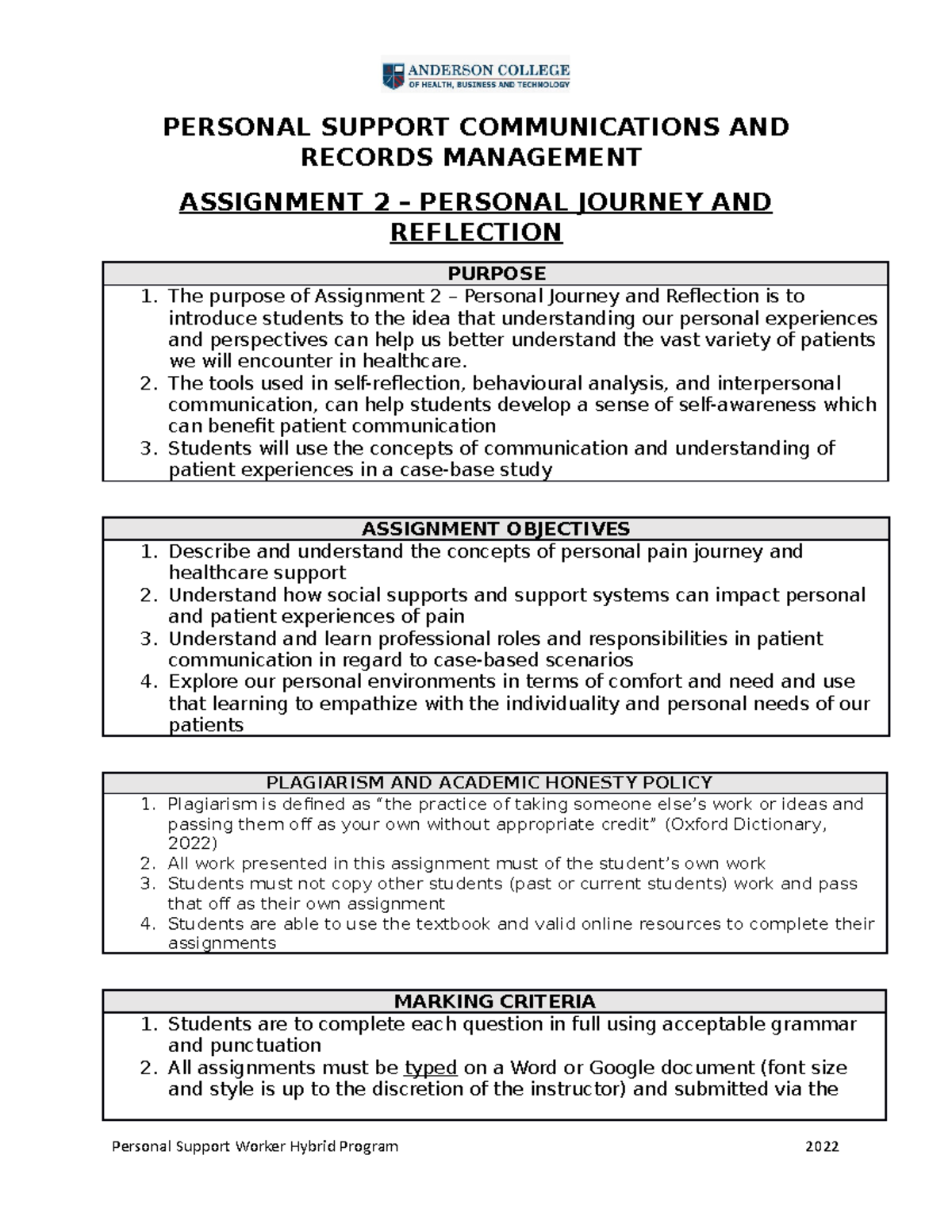 2PSW Comm - Assignment 2 - Personal Journey - PERSONAL SUPPORT ...