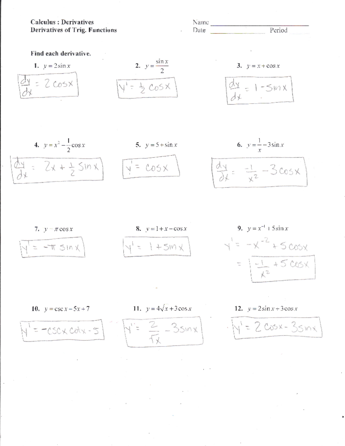 Der of Trig Functions Key - Calculus: Derivatives Derivatives of Trig ...