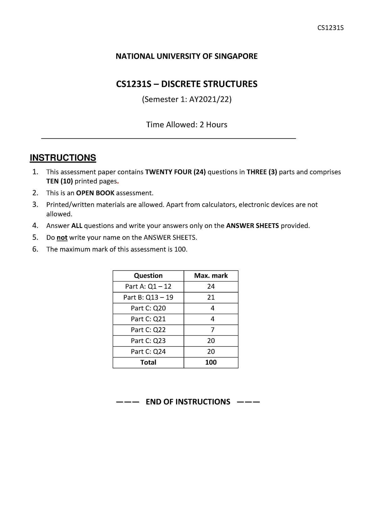 Cs1231s Exam21s1 Qns - PYP - NATIONAL UNIVERSITY OF SINGAPORE CS1231S ...