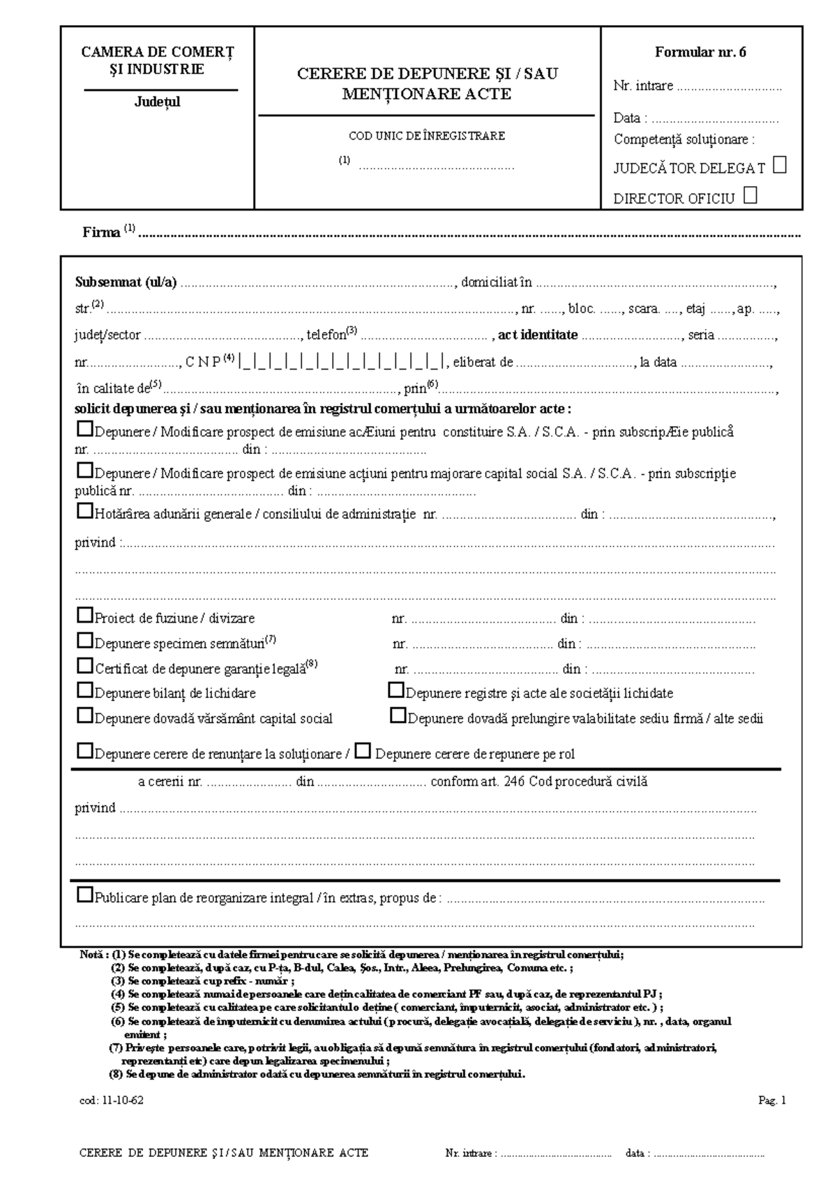 Cerere De Depunere Si Mentionare Acte - CAMERA DE COMERŢ ŞI INDUSTRIE ...
