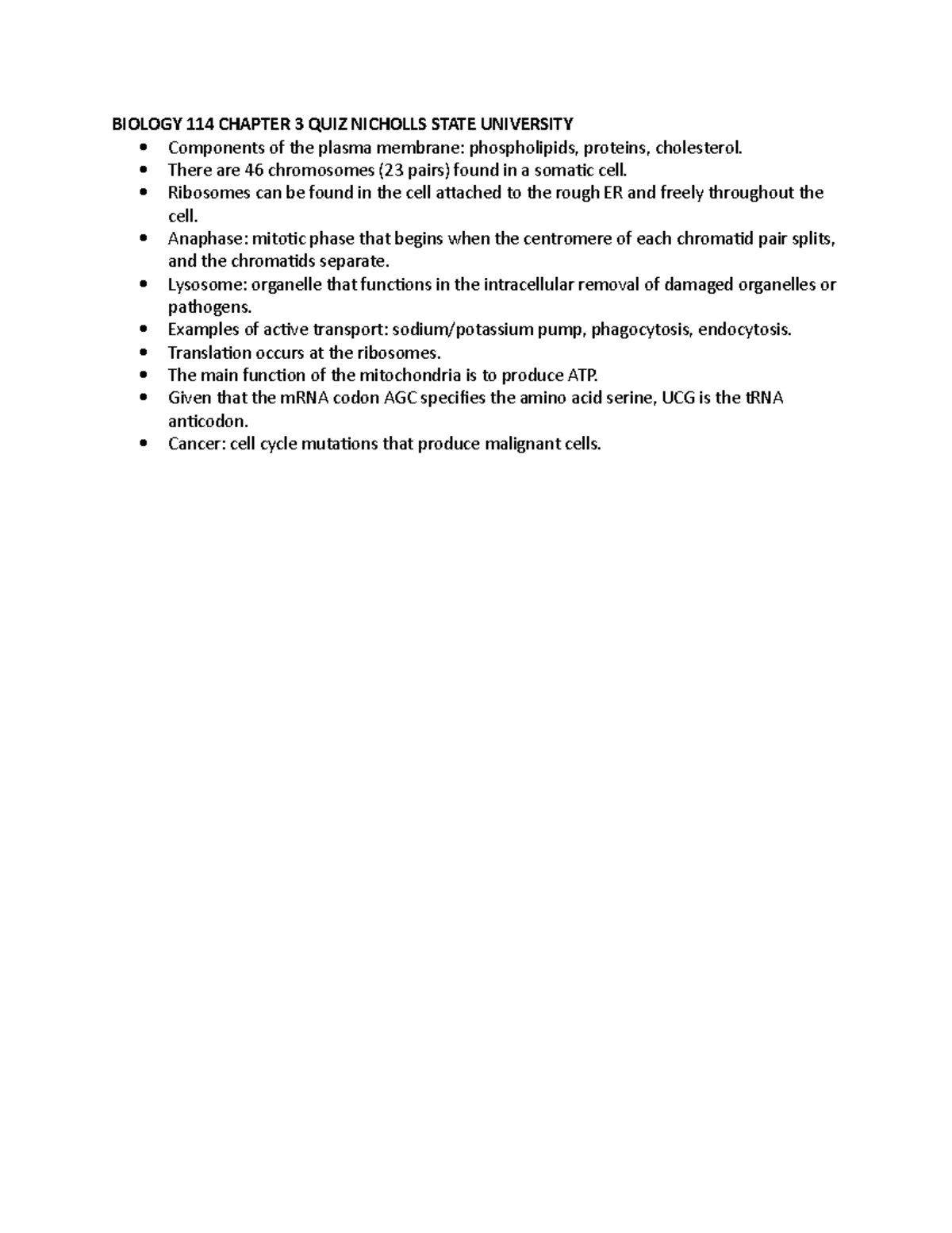 Biology 114 Chapter 3 QUIZ Nicholls State University - BIOLOGY 114 ...