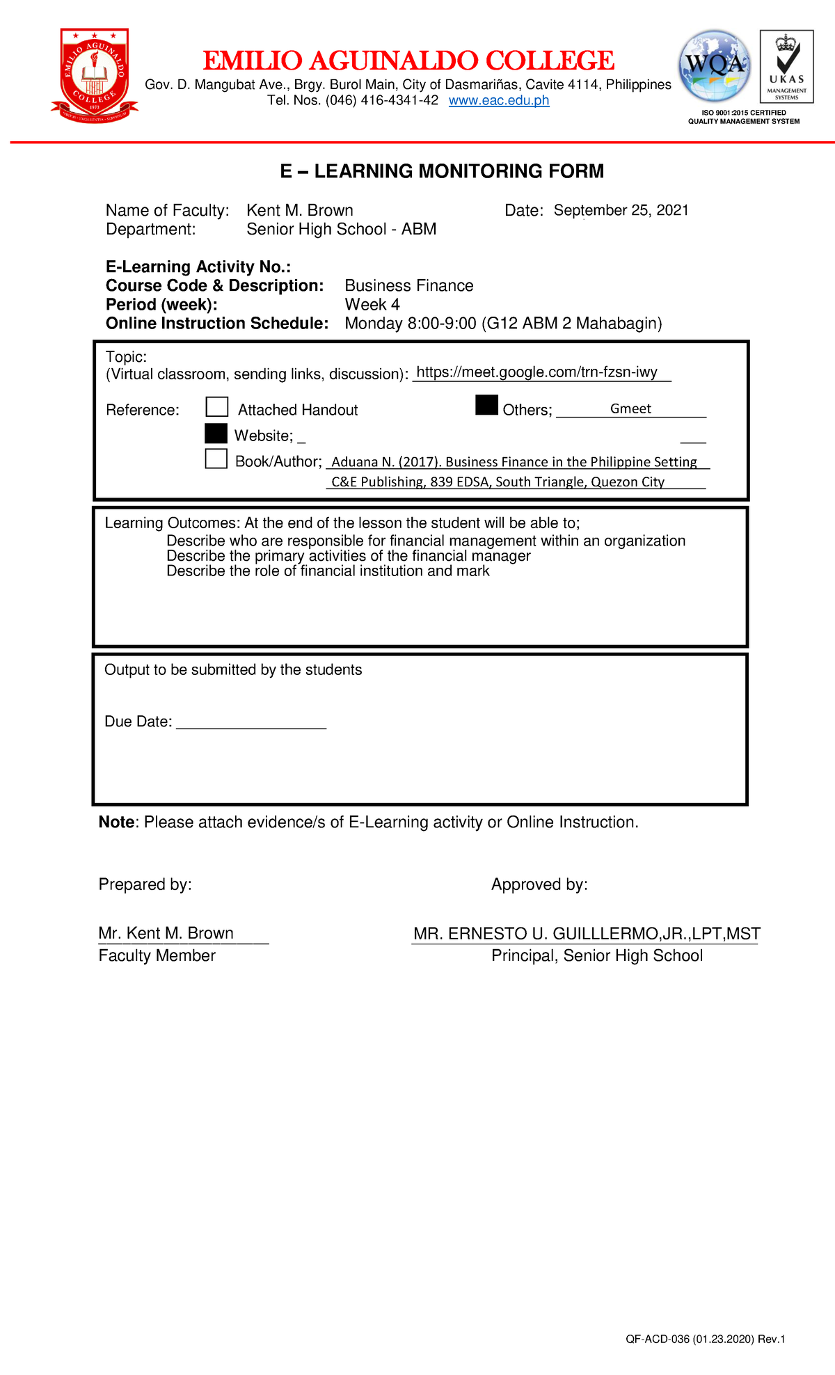 e-learning monitoring form for Business finance fourth week - EMILIO ...
