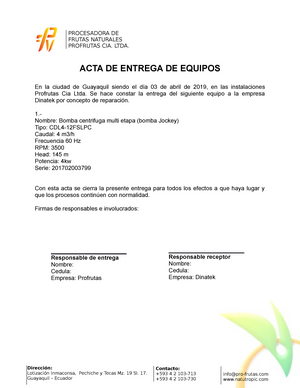 Formato ACTA DE Entrega DE Equipos v2 - ACTA DE ENTREGA DE EQUIPOS En la  ciudad de Guayaquil siendo - Studocu