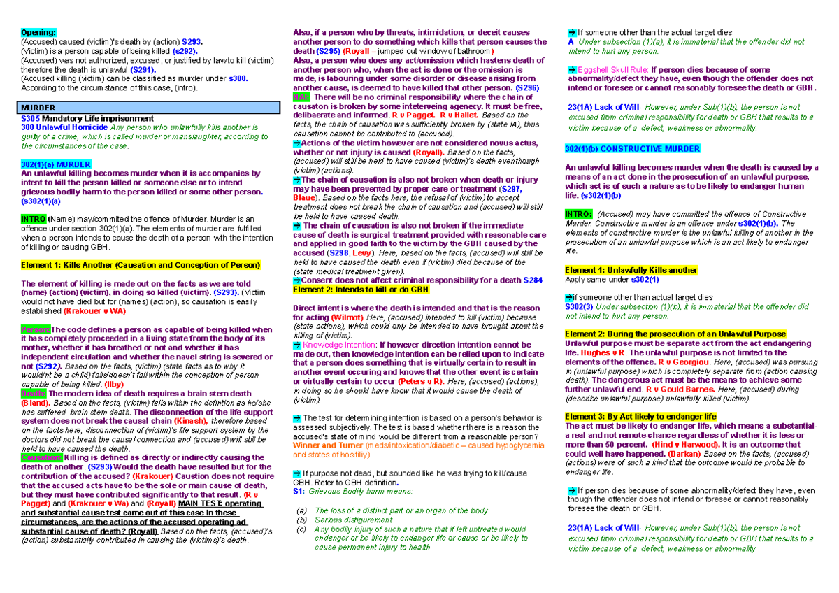 Crim Law A Template - Lecture Notes All - Opening: (Accused) Caused ...