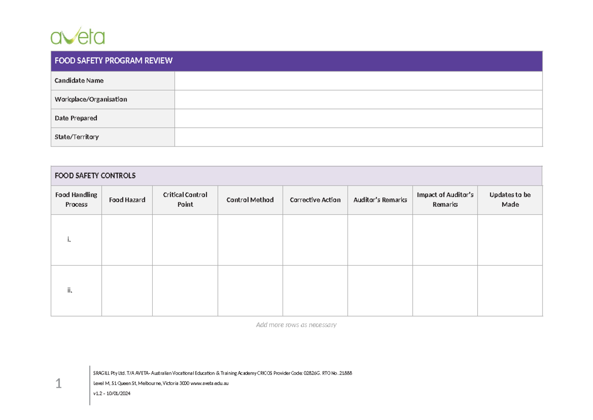 Sitxfsa 008 Food Safety Program Review v1 - FOOD SAFETY PROGRAM REVIEW ...
