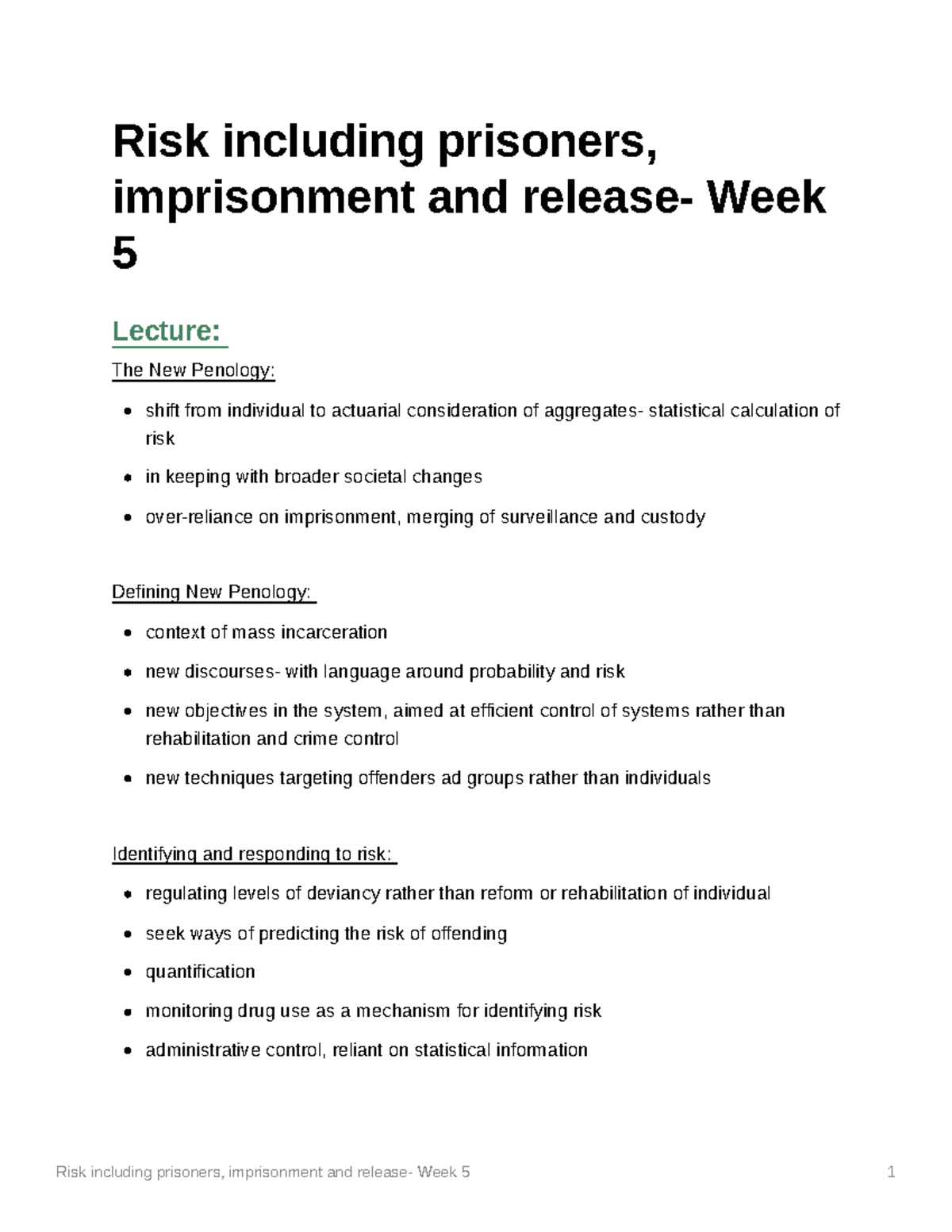 Risk including prisoners, imprisonment and release- Week 5 - Risk ...