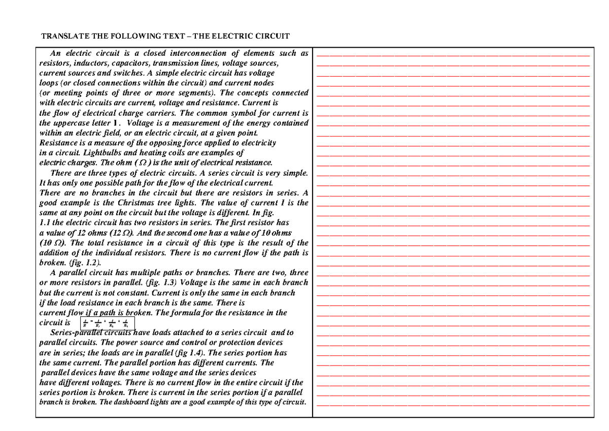 TranslationThe electric circuit TRANSLATE THE FOLLOWING TEXT THE