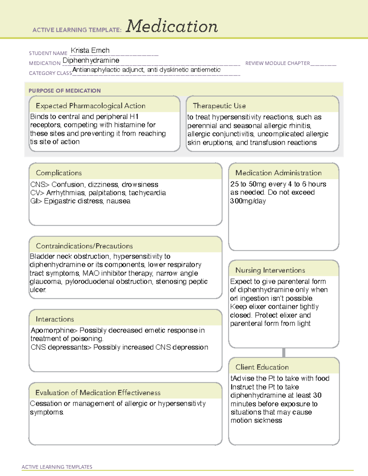 Diphenhydramine - meds - ACTIVE LEARNING TEMPLATES Medication STUDENT ...